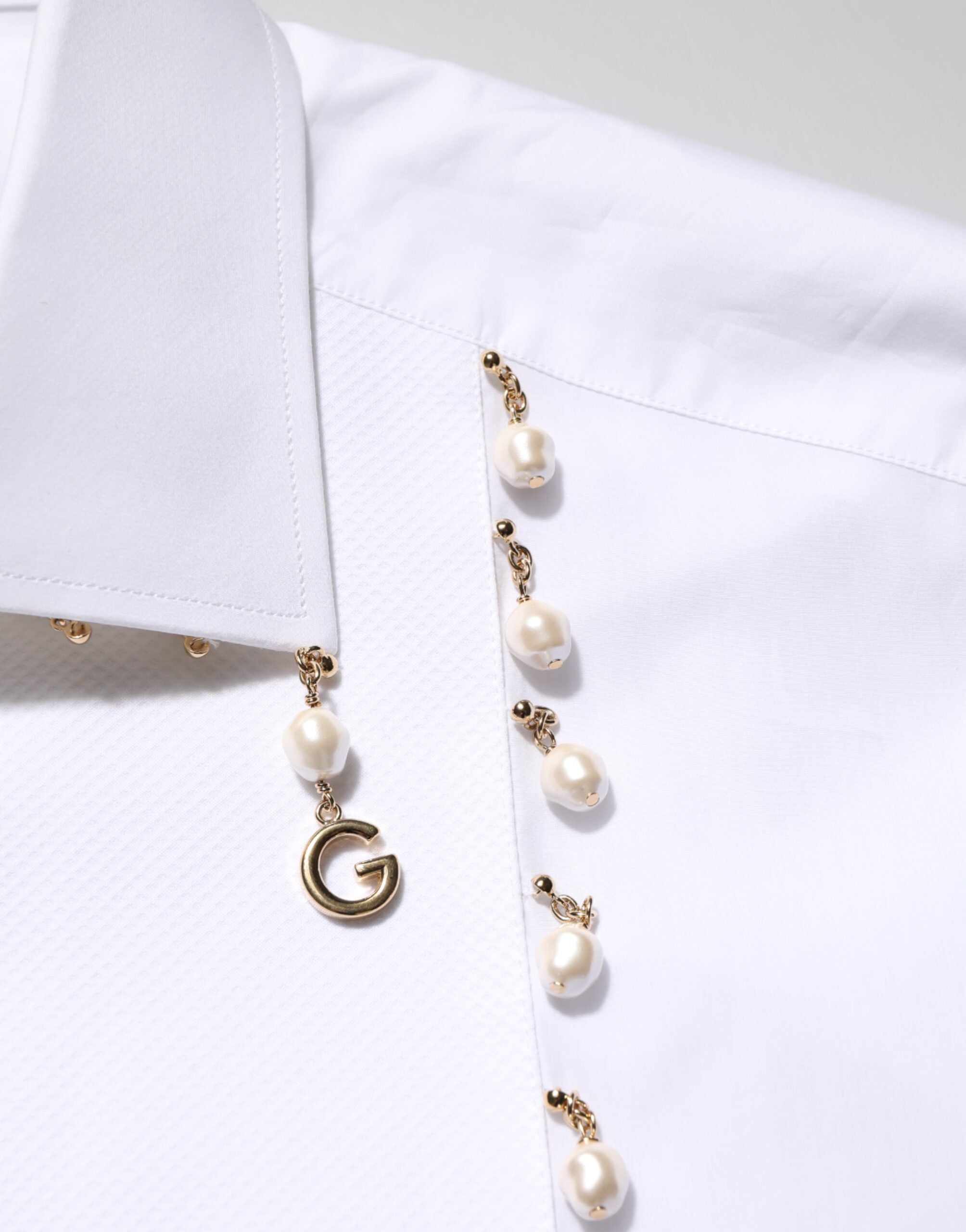 Dolce & Gabbana Weißes DG-Logo-Perlen-GOLD-Hemd aus Baumwolle für den formellen Anlass