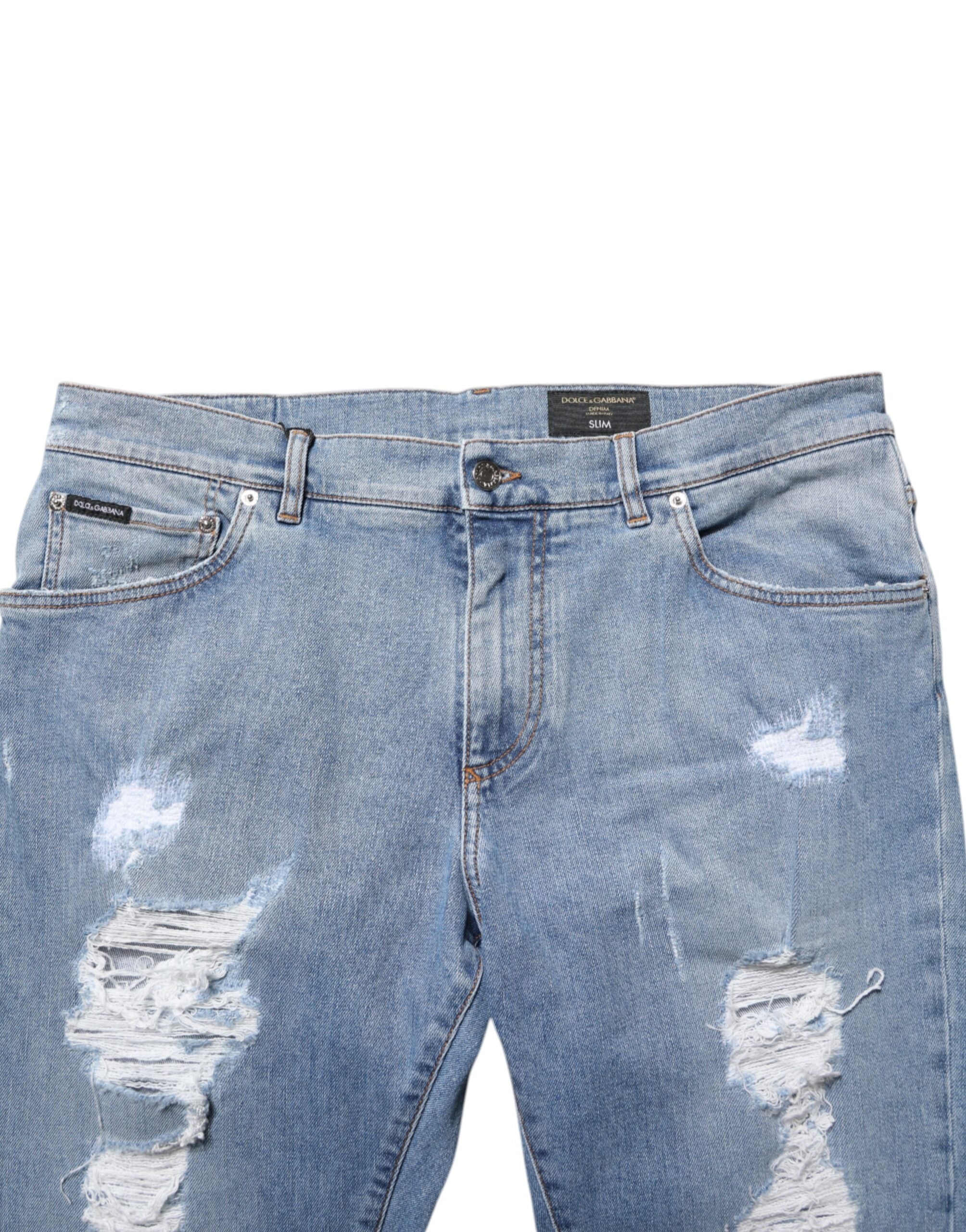 Dolce & Gabbana Blaue zerschlissene Slim Fit Baumwoll-Denim-Jeans
