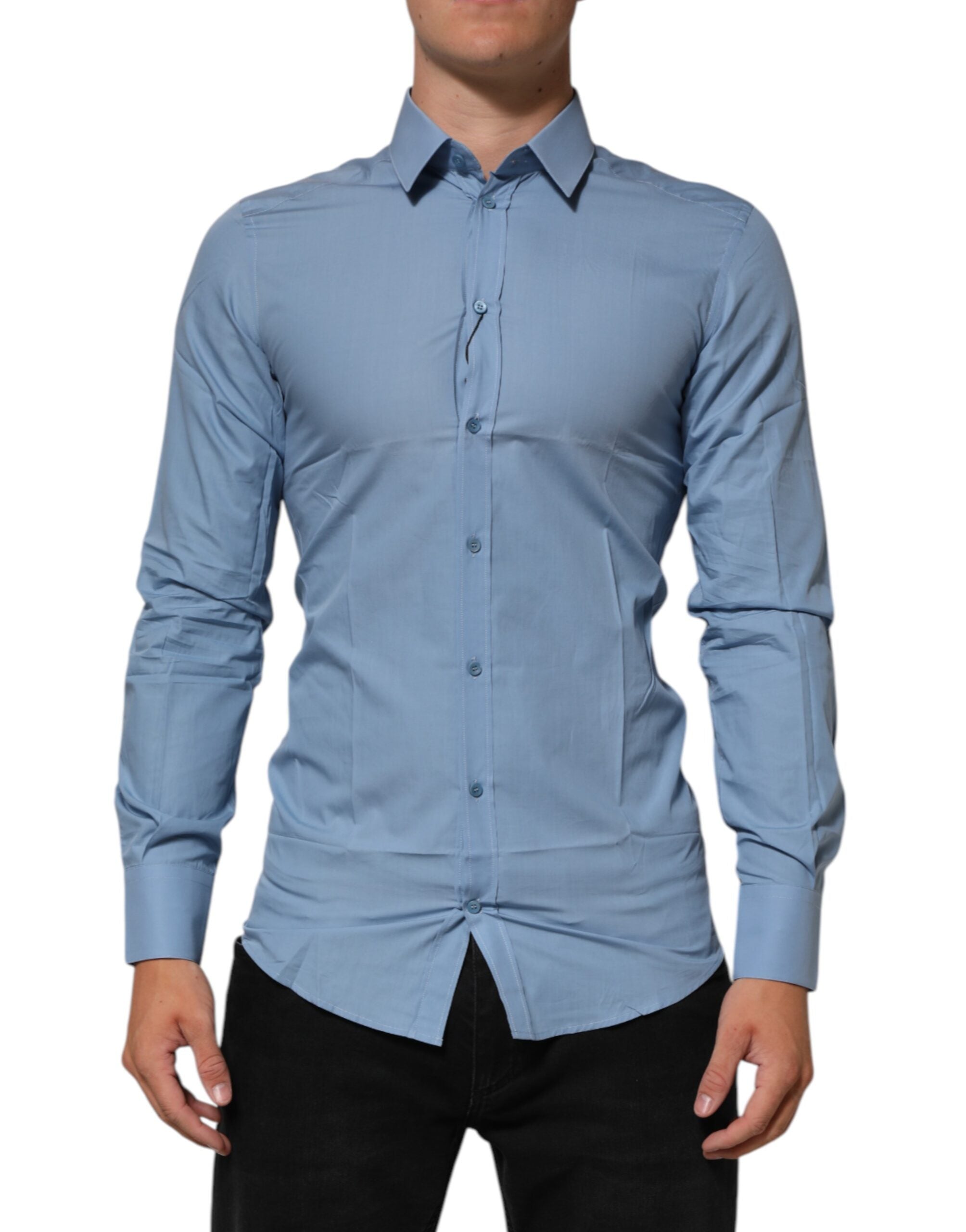 Dolce & Gabbana Blaues Baumwollhemd mit Kragen GOLD Formal Dress Shirt