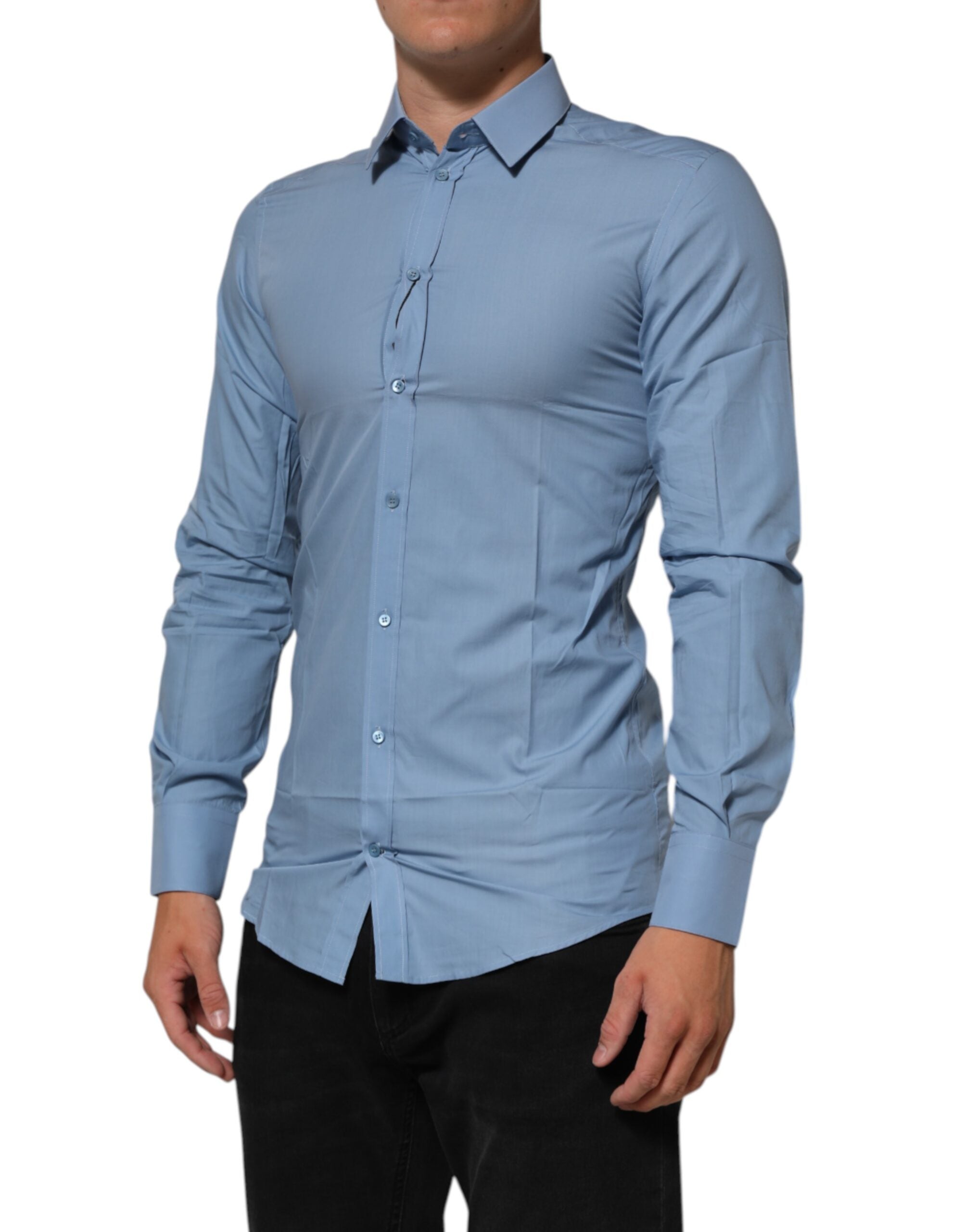 Dolce & Gabbana Blaues Baumwollhemd mit Kragen GOLD Formal Dress Shirt