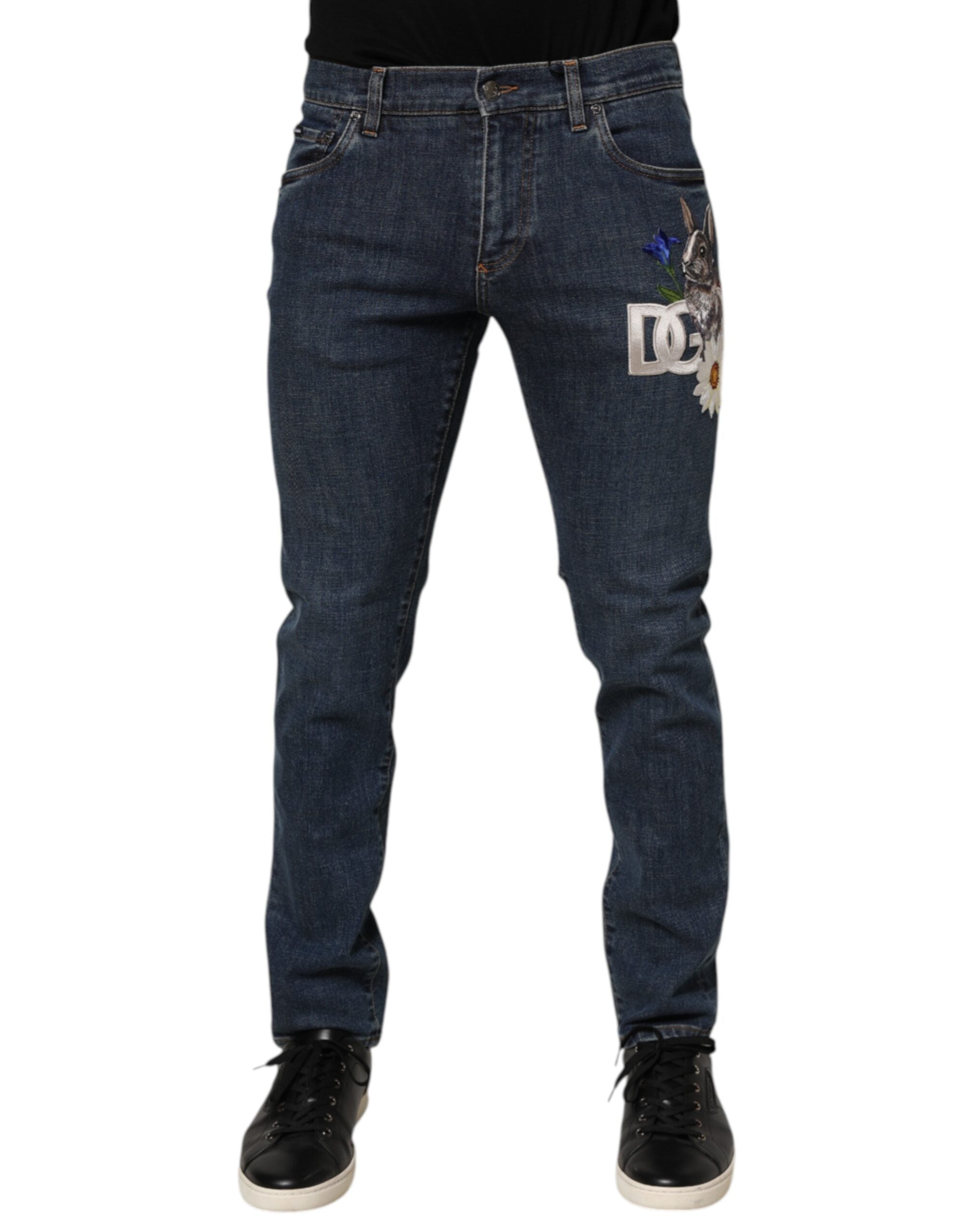 Dolce & Gabbana Blaue Kaninchen-Stickerei Slim Men Denim Jeans