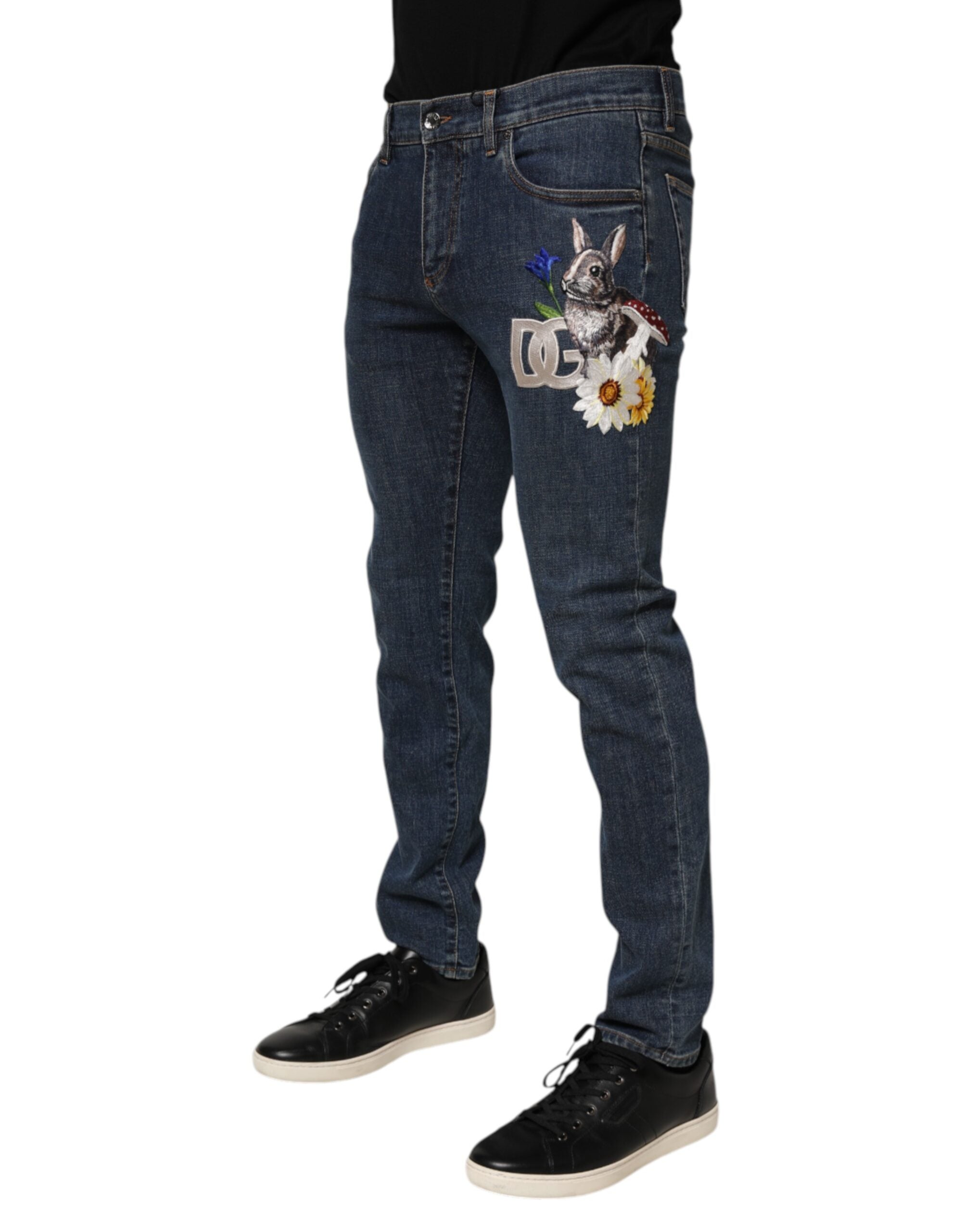 Dolce & Gabbana Blaue Kaninchen-Stickerei Slim Men Denim Jeans