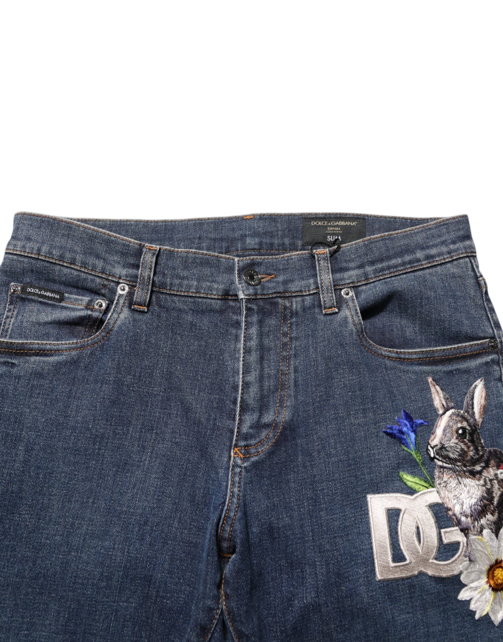 Dolce & Gabbana Blaue Kaninchen-Stickerei Slim Men Denim Jeans
