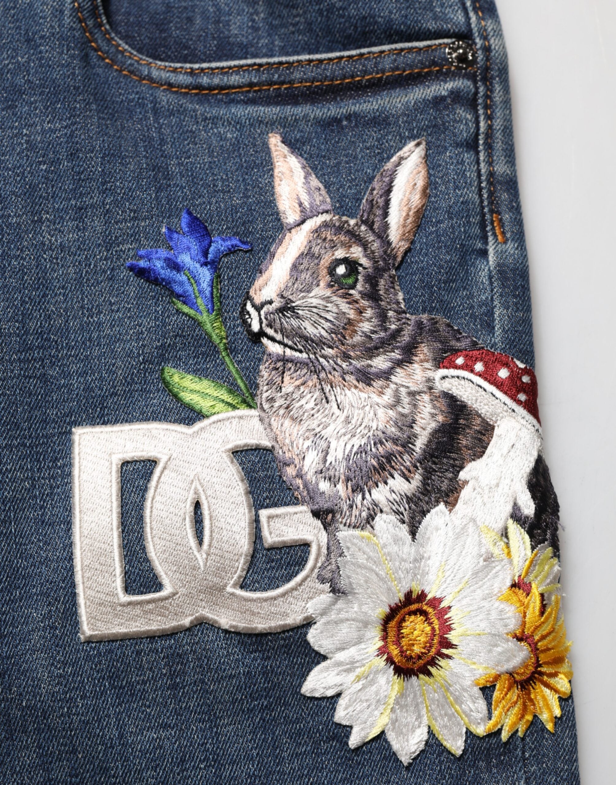 Dolce & Gabbana Blaue Kaninchen-Stickerei Slim Men Denim Jeans