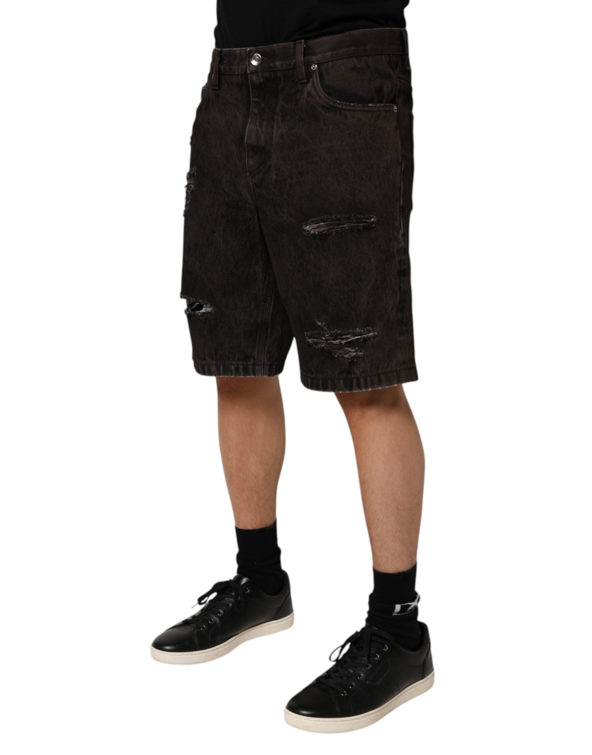 Dolce & Gabbana Schwarz Baumwolle Tattered Denim Männer Bermuda Short