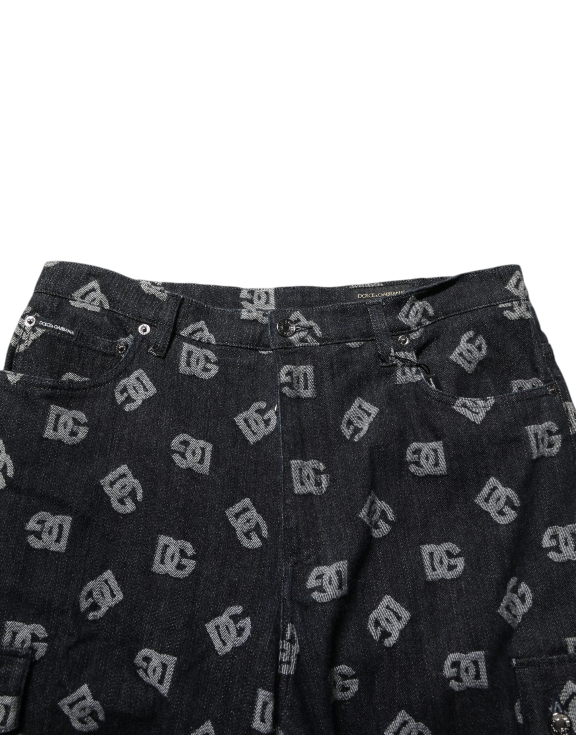 Dolce & Gabbana Schwarzes Monogramm Denim Cargo Herren Bermuda Short