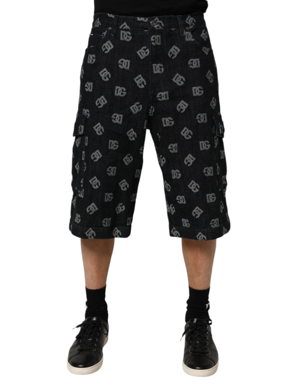 Dolce & Gabbana Schwarzes Monogramm Denim Cargo Herren Bermuda Short