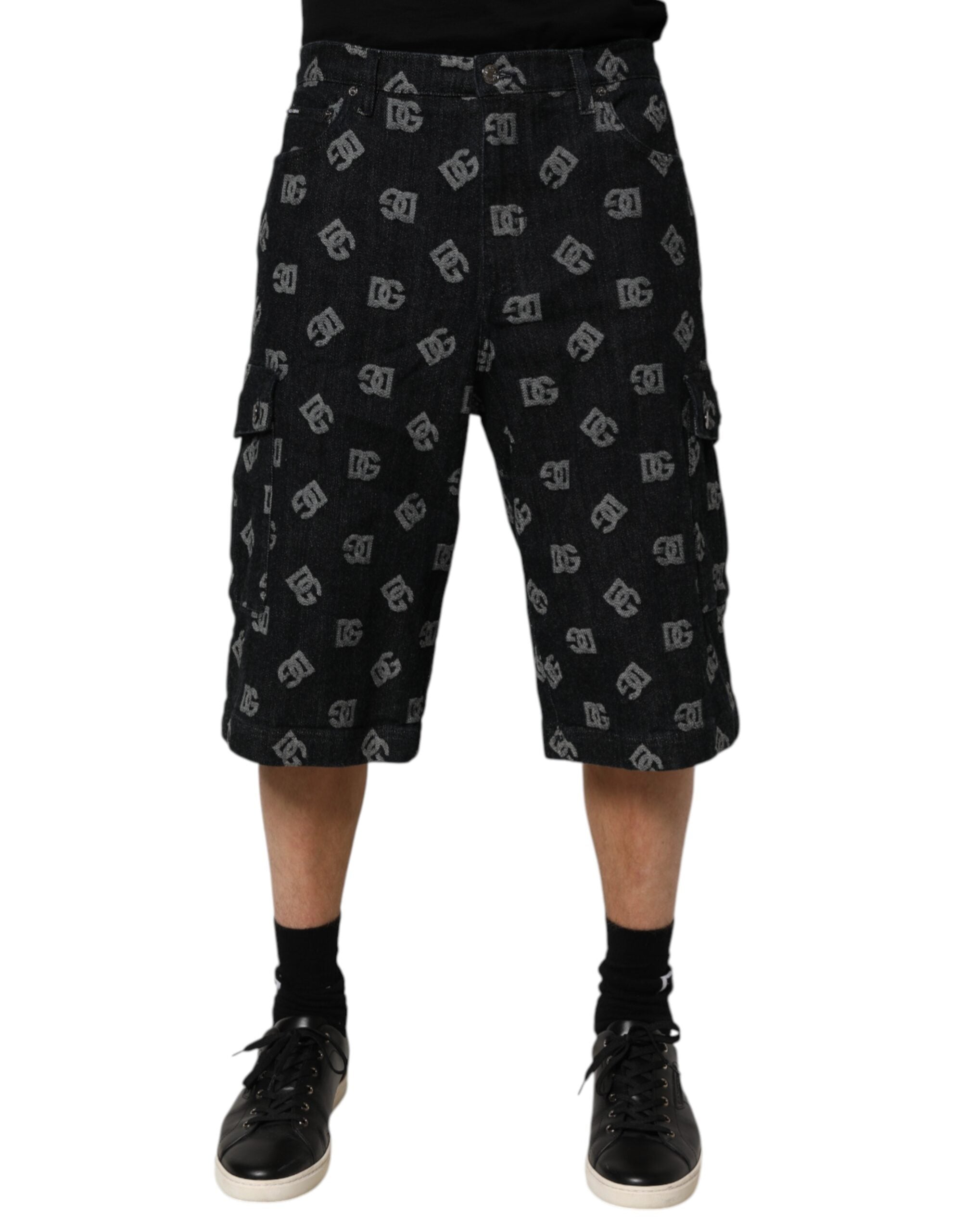 Dolce & Gabbana Schwarzes Monogramm Denim Cargo Herren Bermuda Short