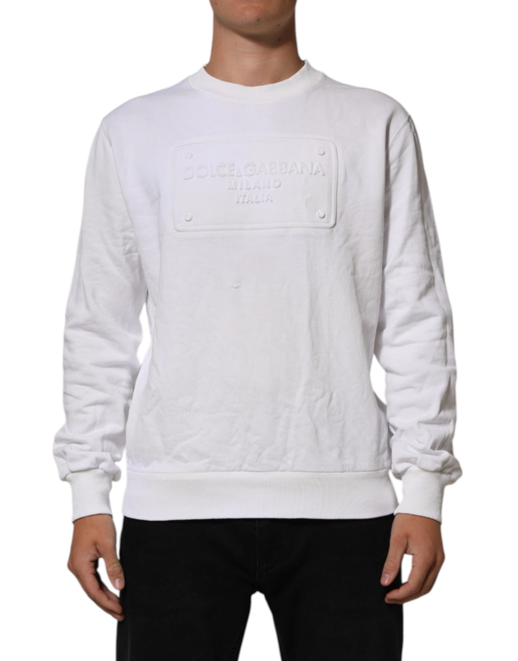 Dolce & Gabbana Weißes geprägtes Logo Männer Sweatshirt Pullover