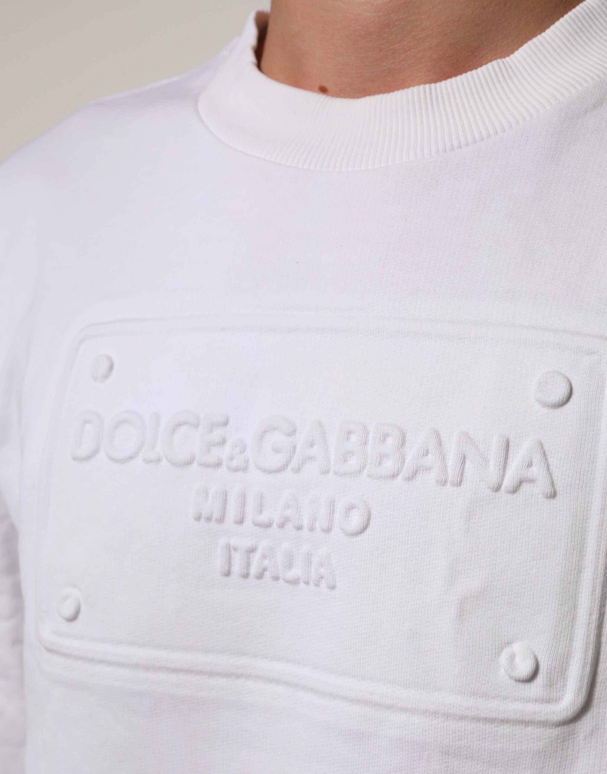 Dolce & Gabbana Weißes geprägtes Logo Männer Sweatshirt Pullover