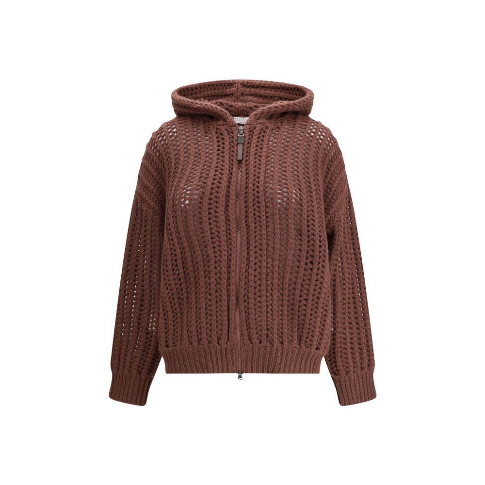 Brunello Cucinelli Strickjacke aus Kaschmir mit Ballonnetz-Stickerei und Kapuze