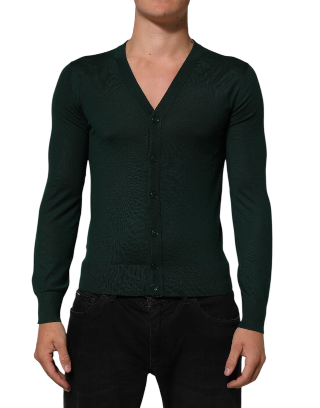 Dolce & Gabbana Dunkelgrüner Button Down Herren Strickjacke Pullover