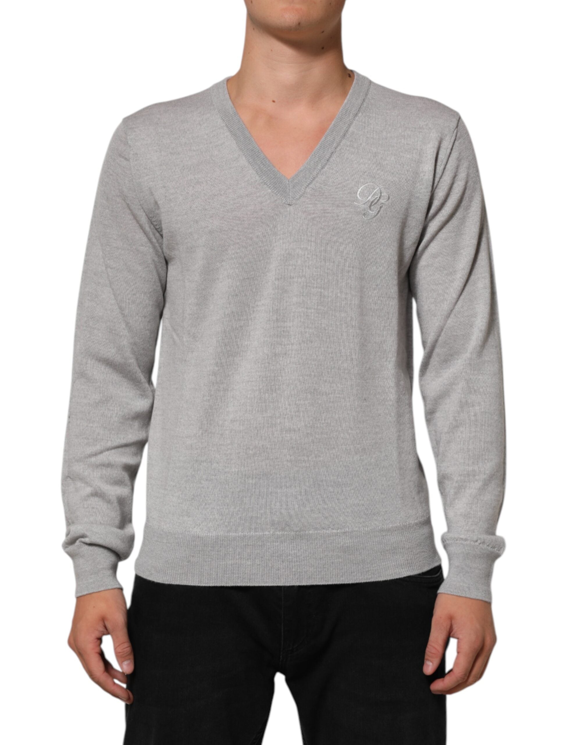 Dolce & Gabbana Grauer Wollstrick-Logo-Pullover mit V-Ausschnitt