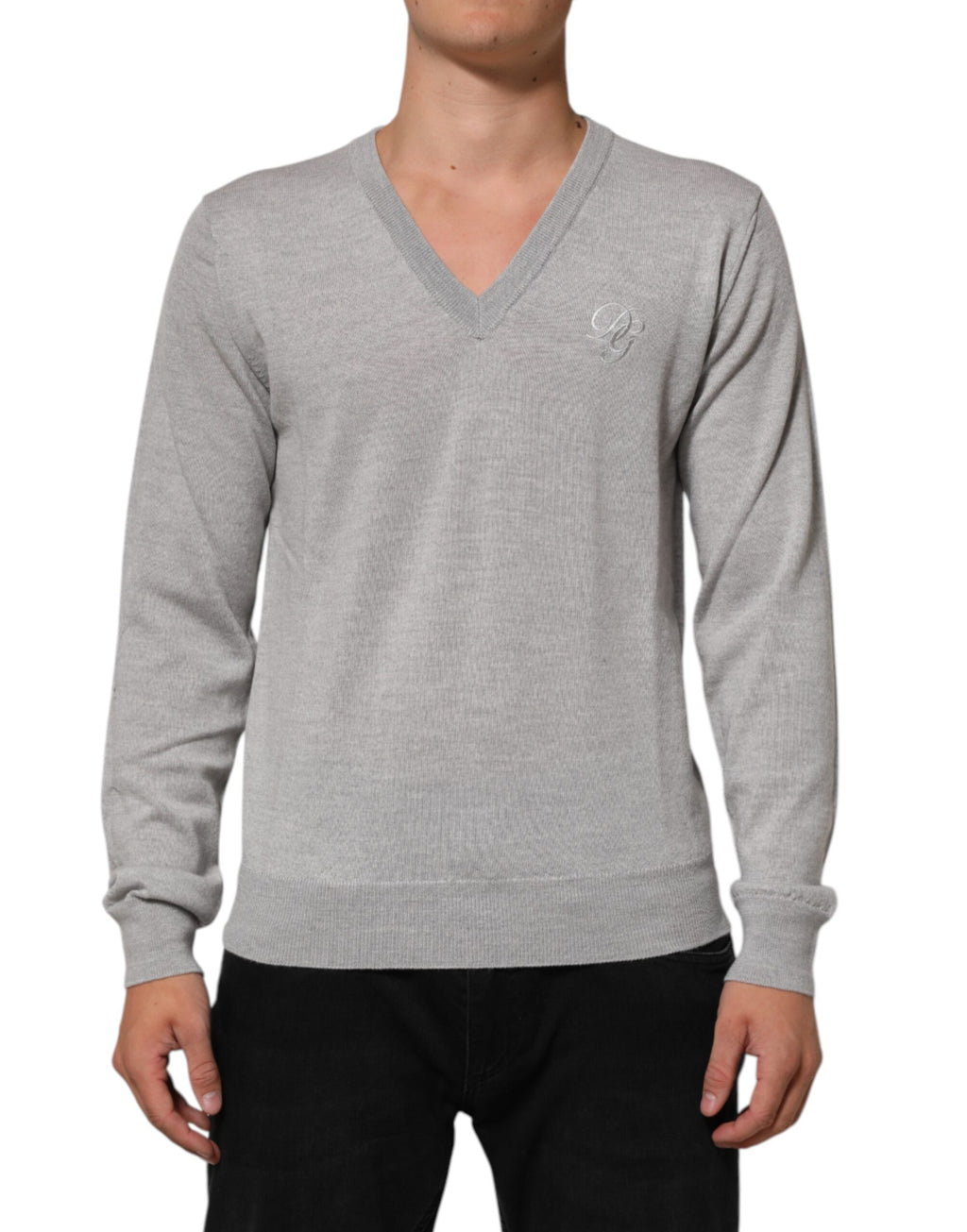 Dolce & Gabbana Grauer Wollstrick-Logo-Pullover mit V-Ausschnitt