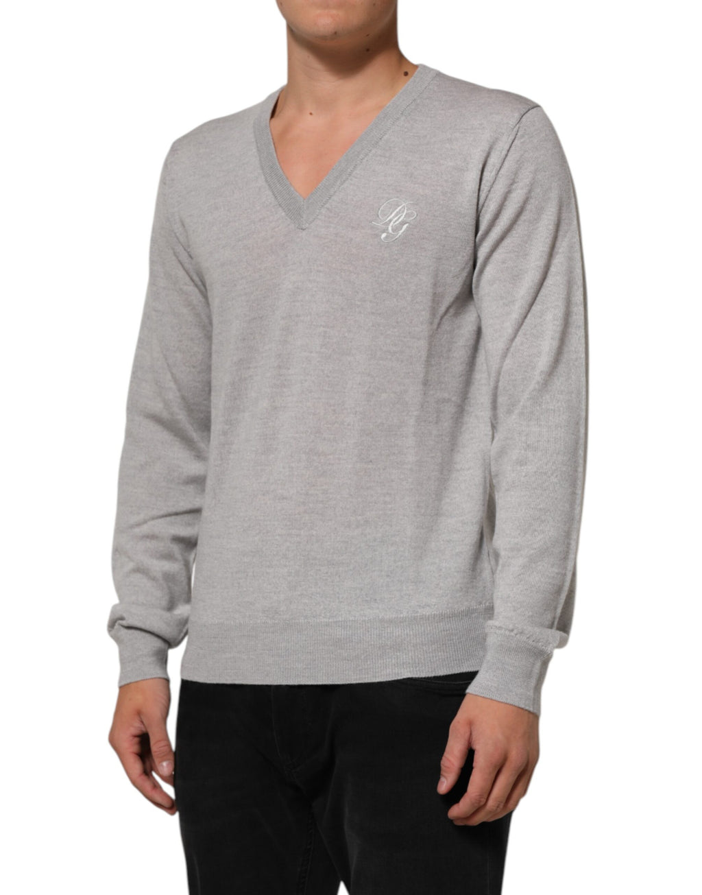 Dolce & Gabbana Grauer Wollstrick-Logo-Pullover mit V-Ausschnitt