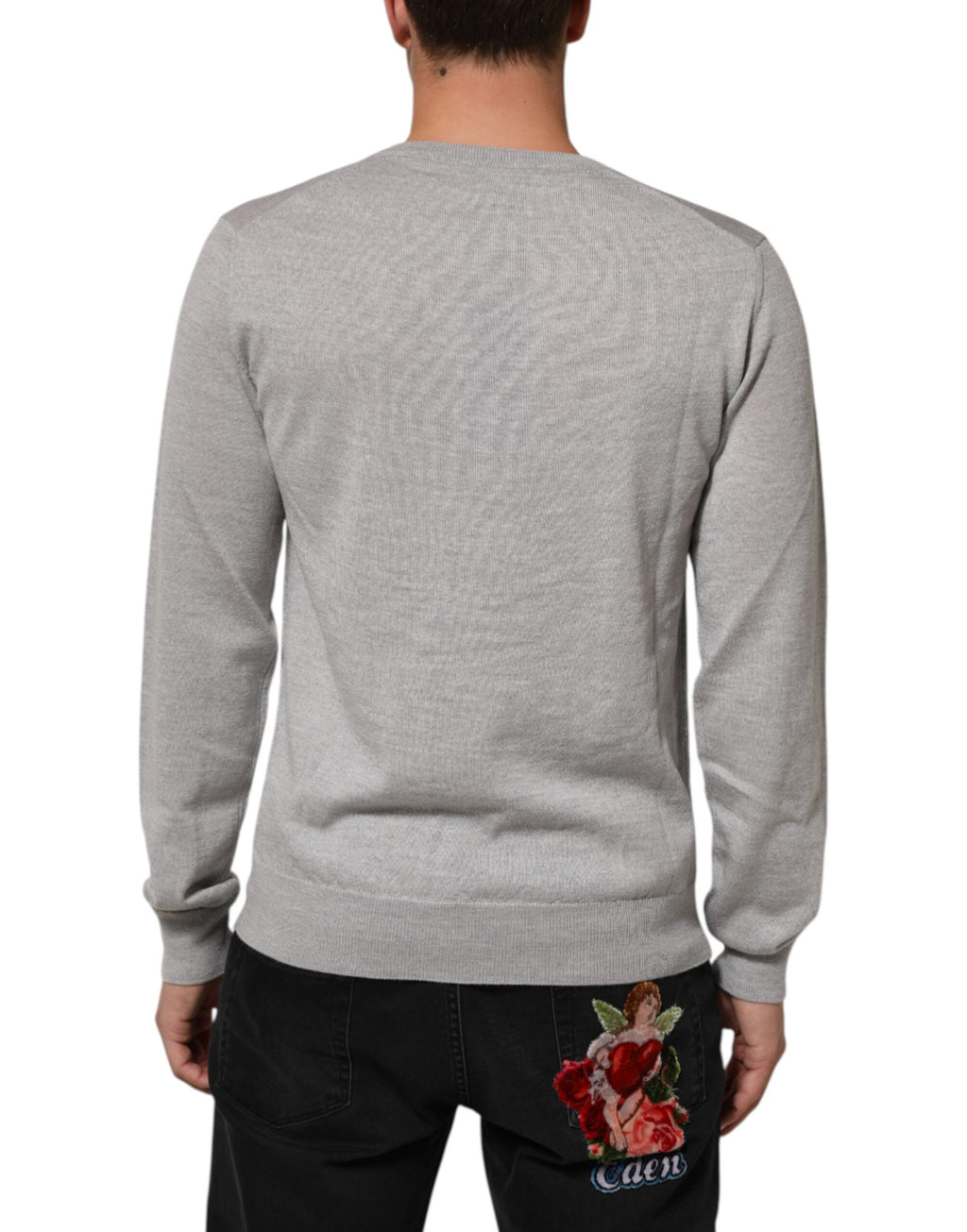 Dolce & Gabbana Grauer Wollstrick-Logo-Pullover mit V-Ausschnitt