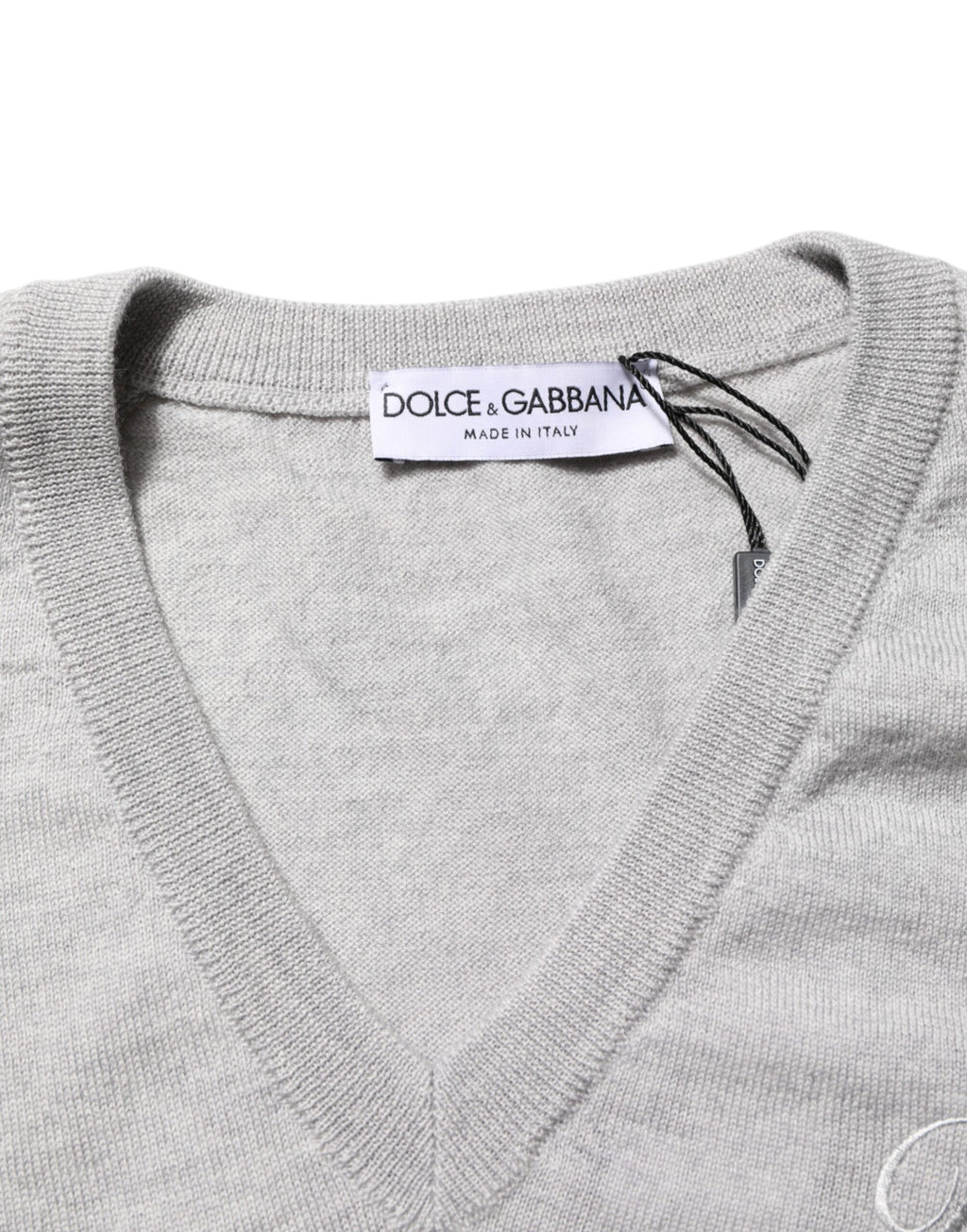 Dolce & Gabbana Grauer Wollstrick-Logo-Pullover mit V-Ausschnitt