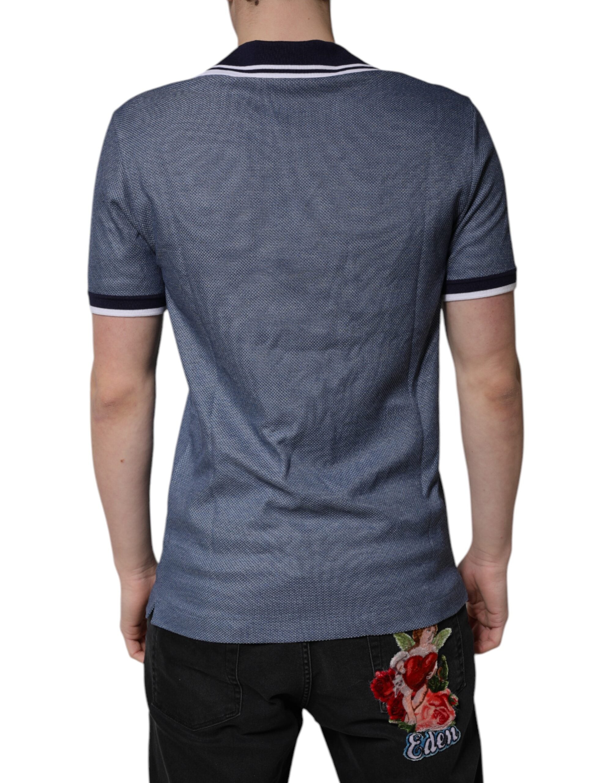 Dolce & Gabbana Blaues Polo-T-Shirt mit V-Ausschnitt aus Seidenmischung