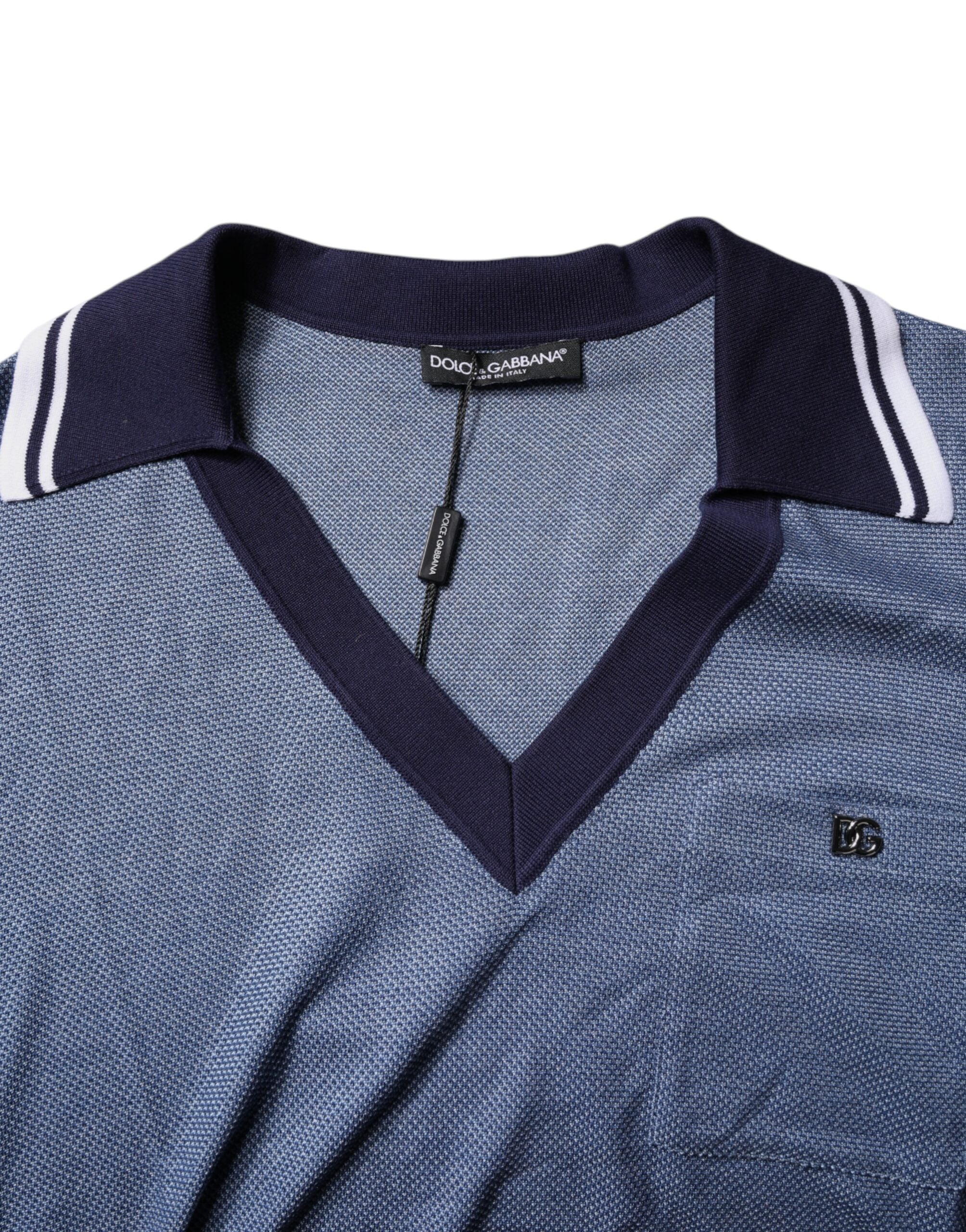 Dolce & Gabbana Blaues Polo-T-Shirt mit V-Ausschnitt aus Seidenmischung