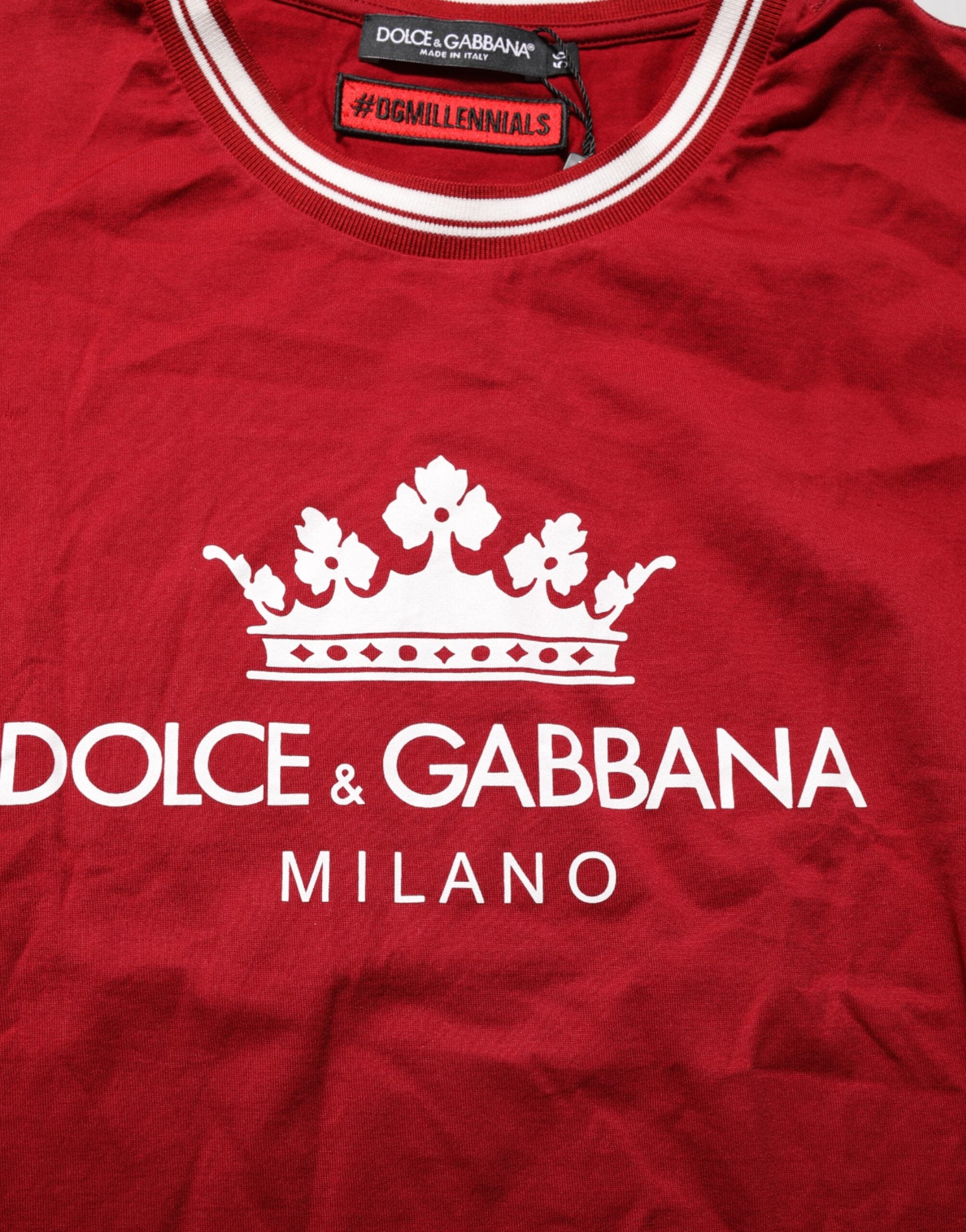 Dolce & Gabbana Maroon LogoCrown Baumwoll-T-Shirt mit halben Ärmeln