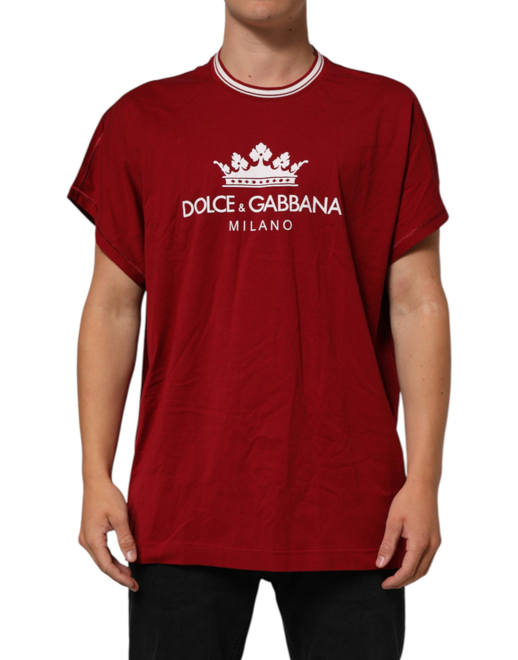 Dolce & Gabbana Maroon LogoCrown Baumwoll-T-Shirt mit halben Ärmeln