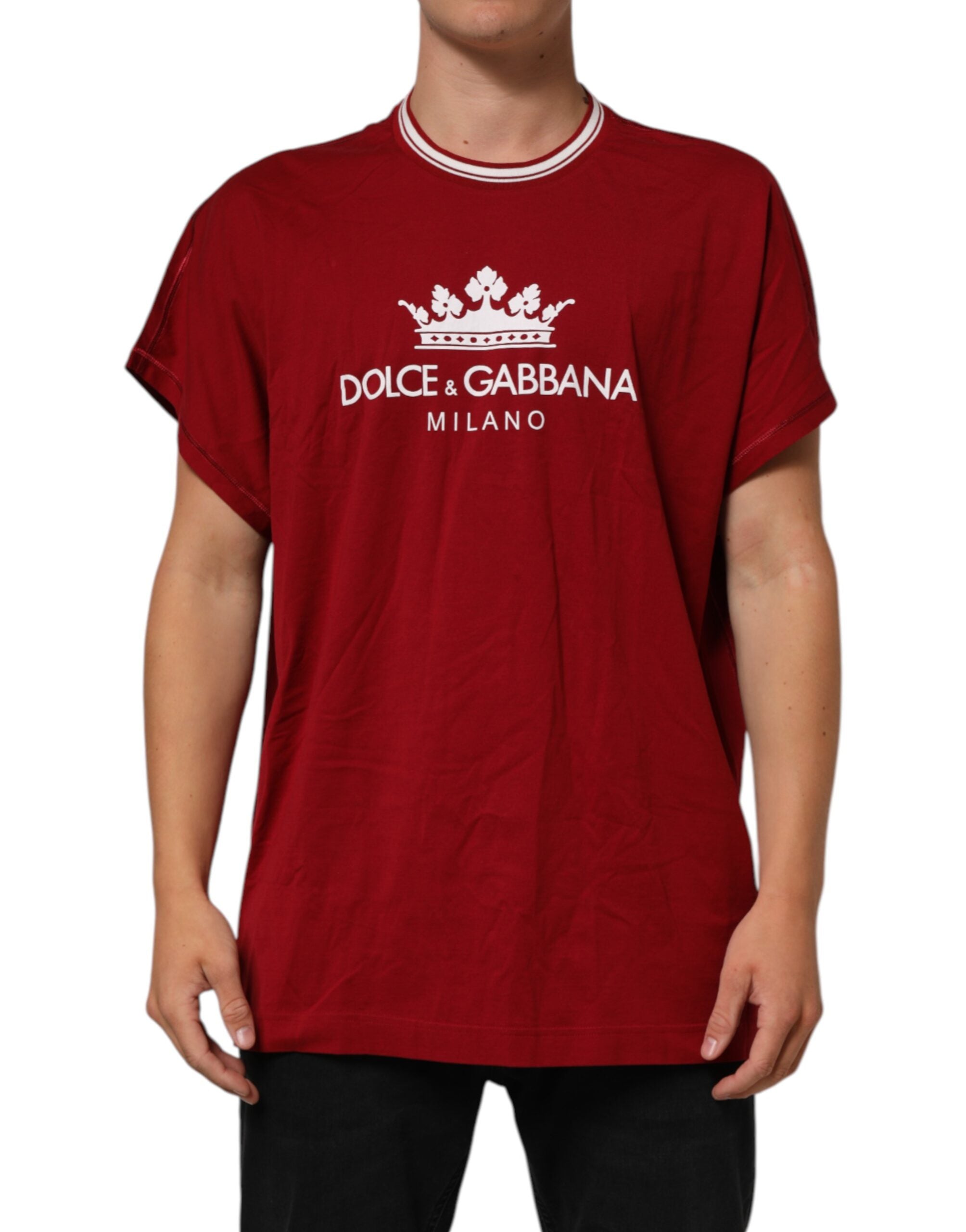 Dolce & Gabbana Maroon LogoCrown Baumwoll-T-Shirt mit halben Ärmeln
