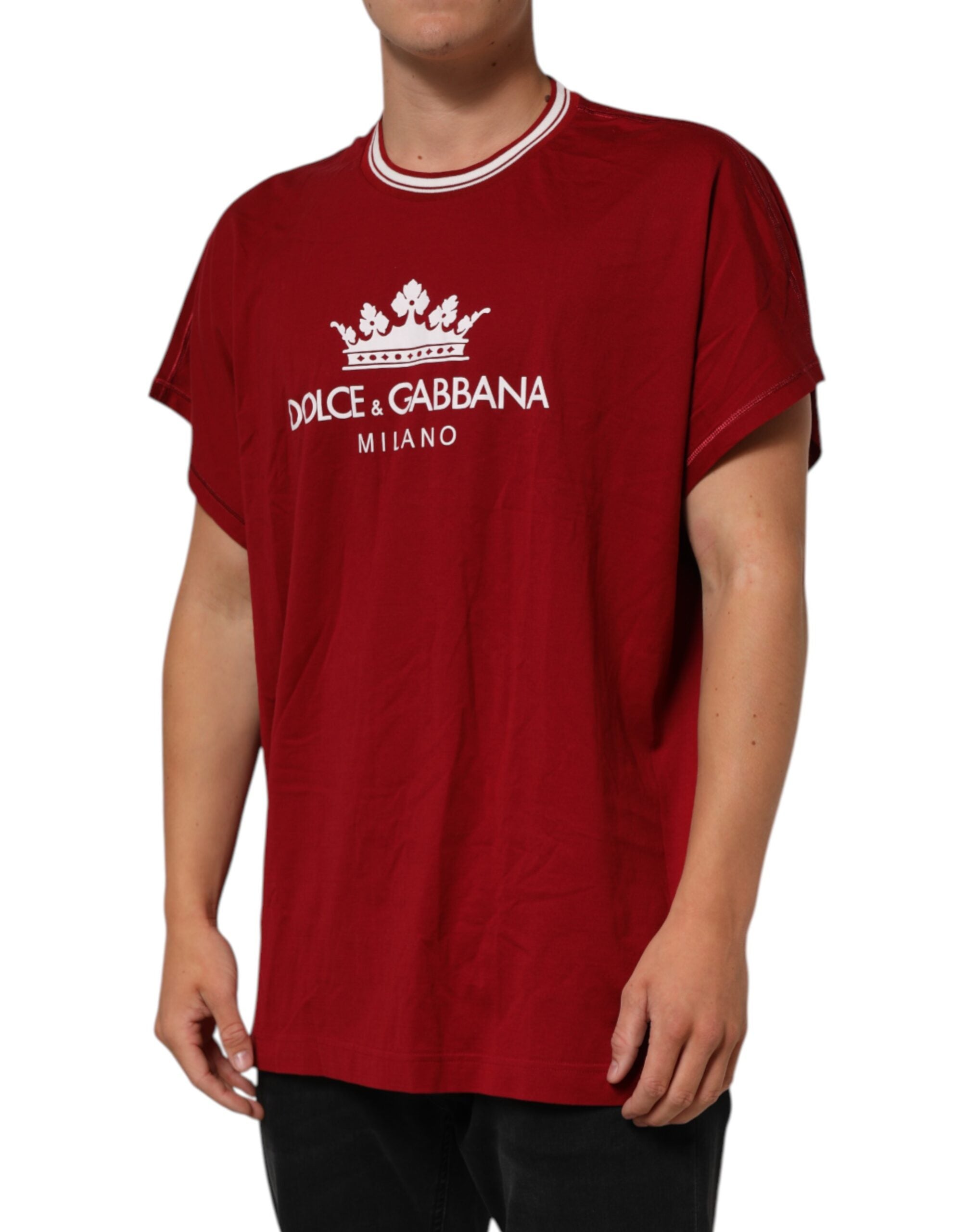 Dolce & Gabbana Maroon LogoCrown Baumwoll-T-Shirt mit halben Ärmeln