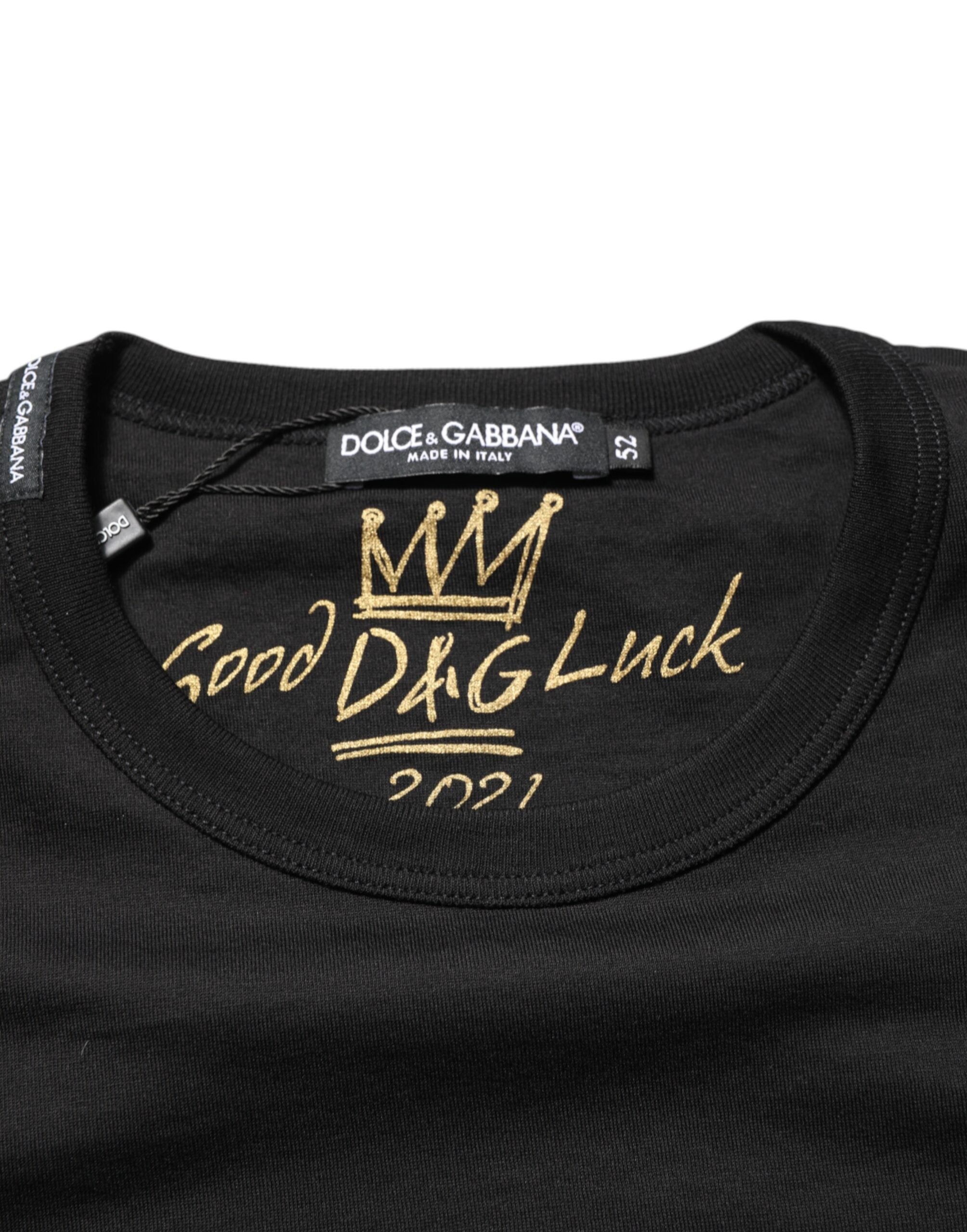 Dolce & Gabbana Schwarzes Goodluck 2021 Baumwoll-T-Shirt mit Rundhalsausschnitt