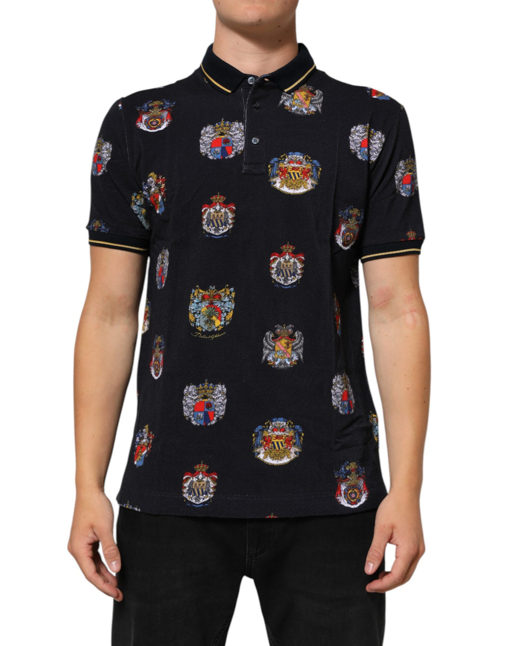 Dolce & Gabbana Blaues Polohemd mit Wappendruck T-shirt