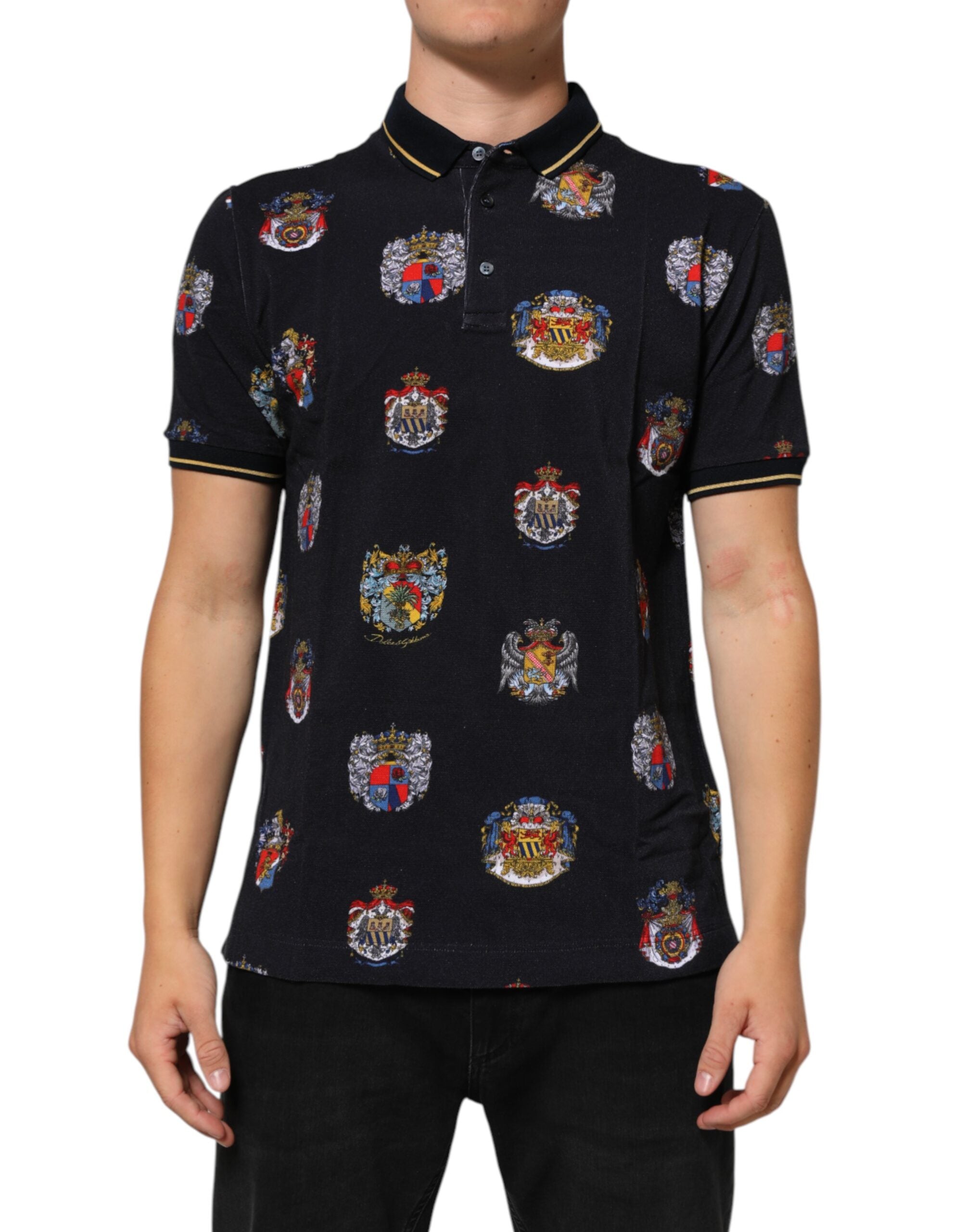 Dolce & Gabbana Blaues Polohemd mit Wappendruck T-shirt