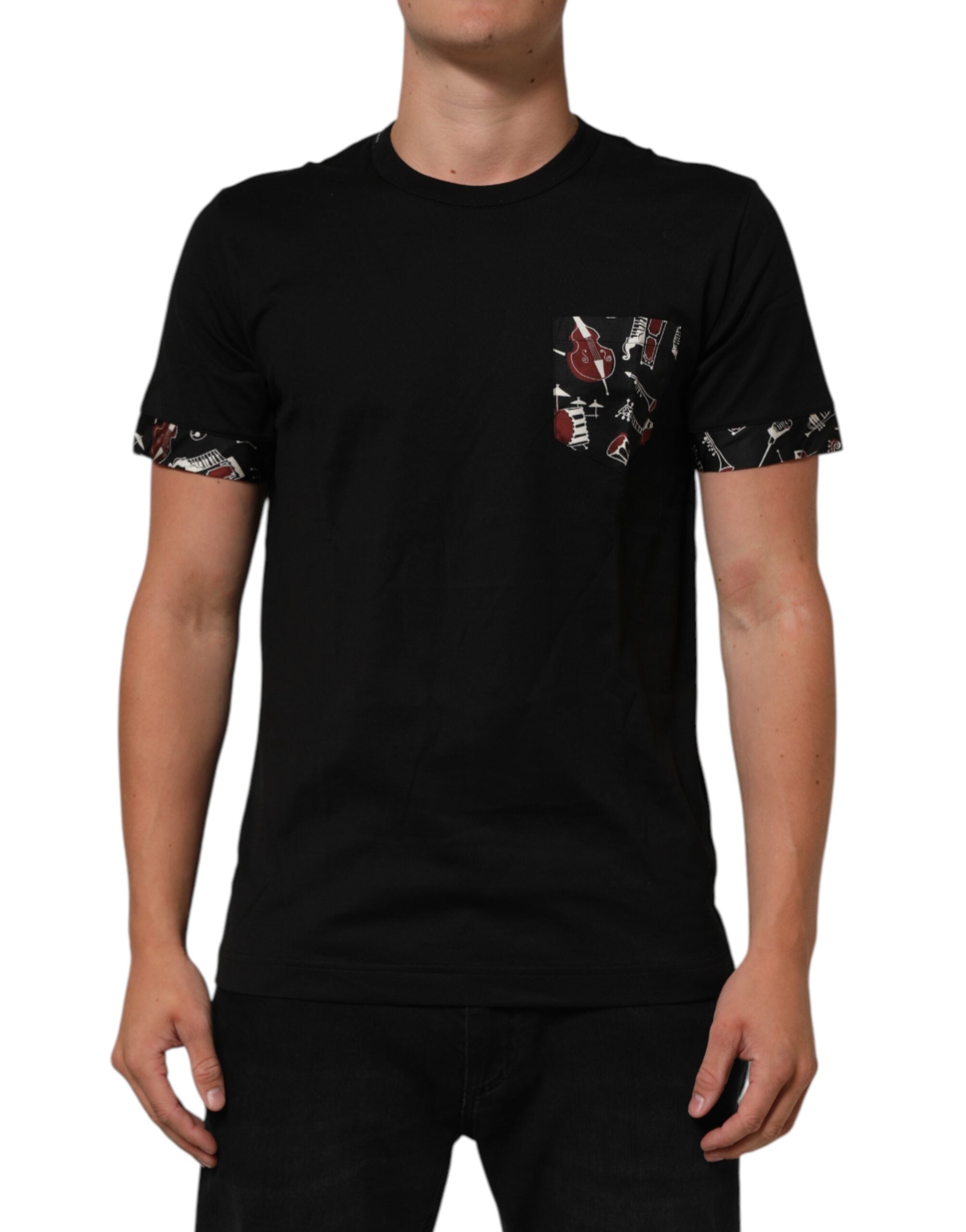 Dolce & Gabbana Schwarzes T-Shirt mit Rundhalsausschnitt aus Baumwolle mit Musical-Druck