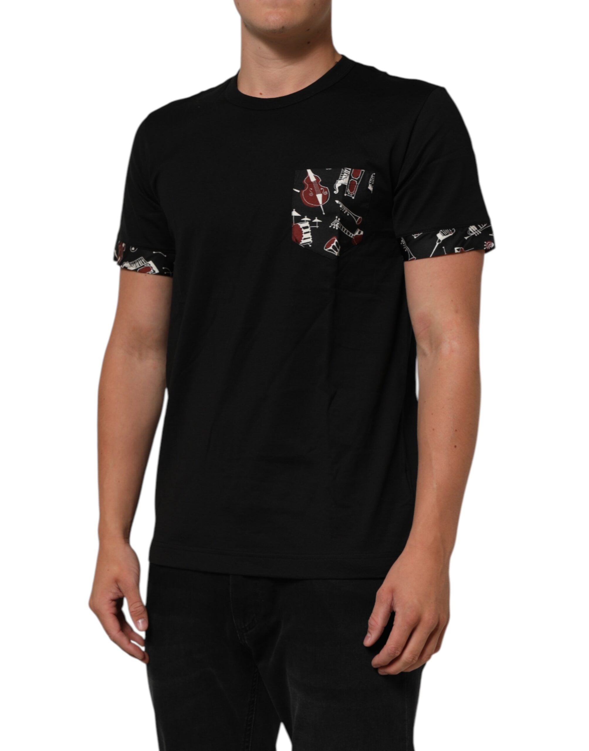 Dolce & Gabbana Schwarzes T-Shirt mit Rundhalsausschnitt aus Baumwolle mit Musical-Druck