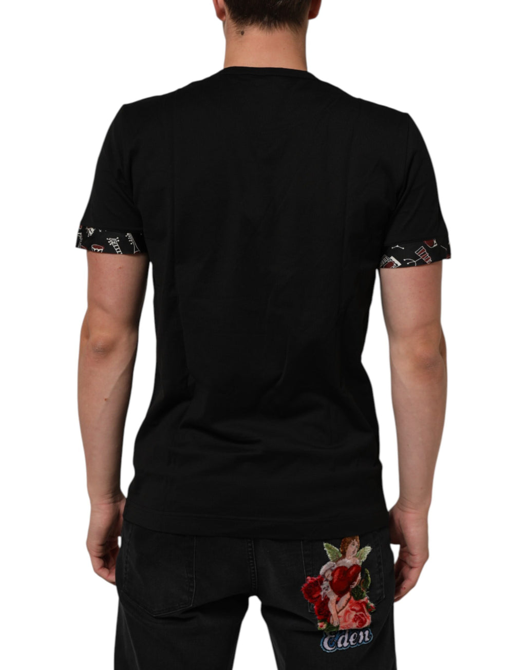 Dolce & Gabbana Schwarzes T-Shirt mit Rundhalsausschnitt aus Baumwolle mit Musical-Druck