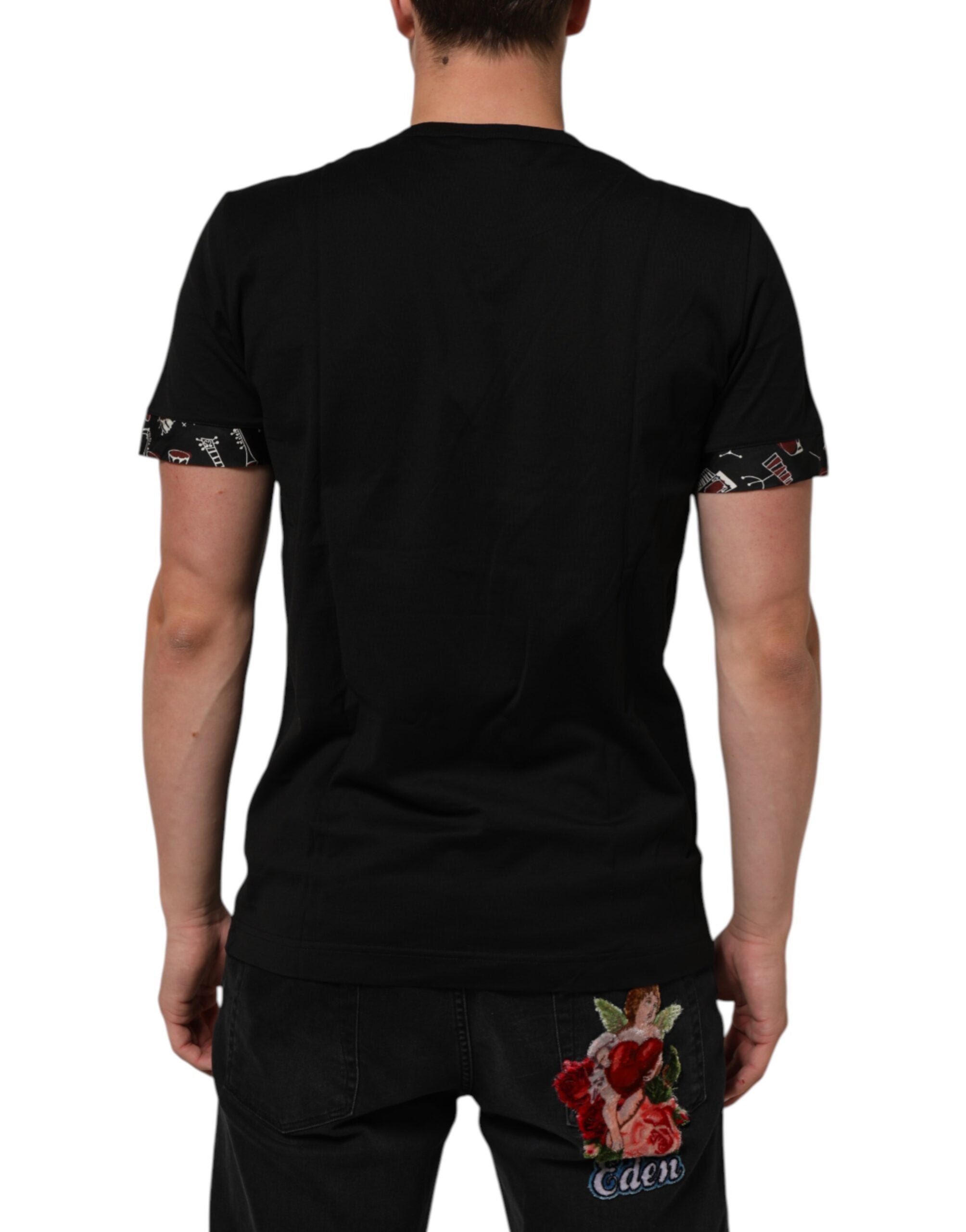 Dolce & Gabbana Schwarzes T-Shirt mit Rundhalsausschnitt aus Baumwolle mit Musical-Druck