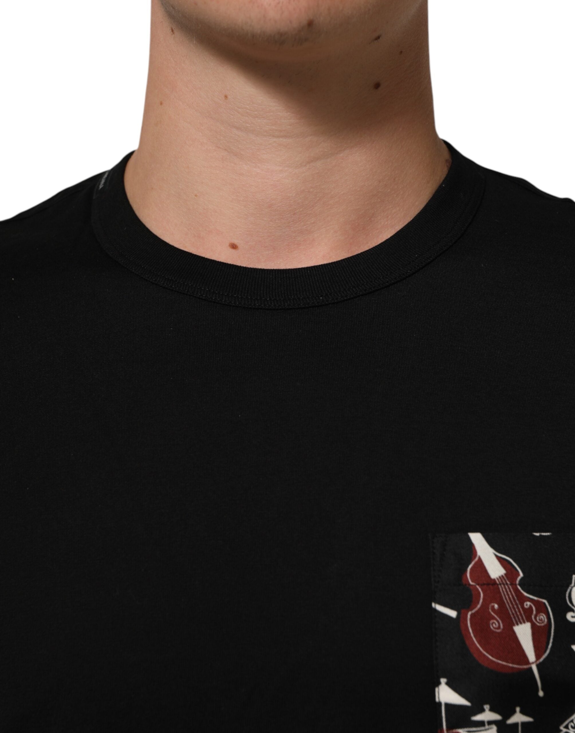Dolce & Gabbana Schwarzes T-Shirt mit Rundhalsausschnitt aus Baumwolle mit Musical-Druck