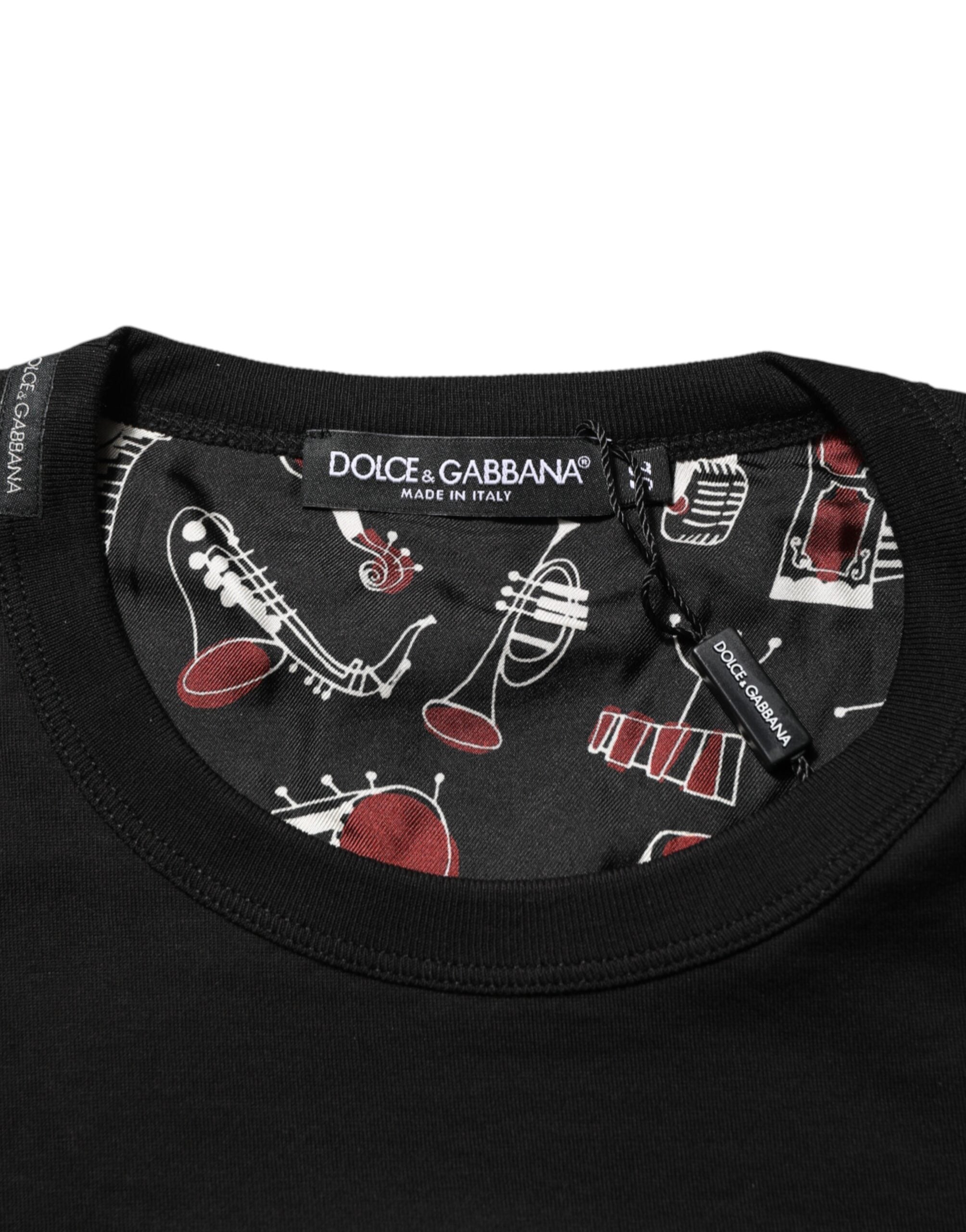 Dolce & Gabbana Schwarzes T-Shirt mit Rundhalsausschnitt aus Baumwolle mit Musical-Druck