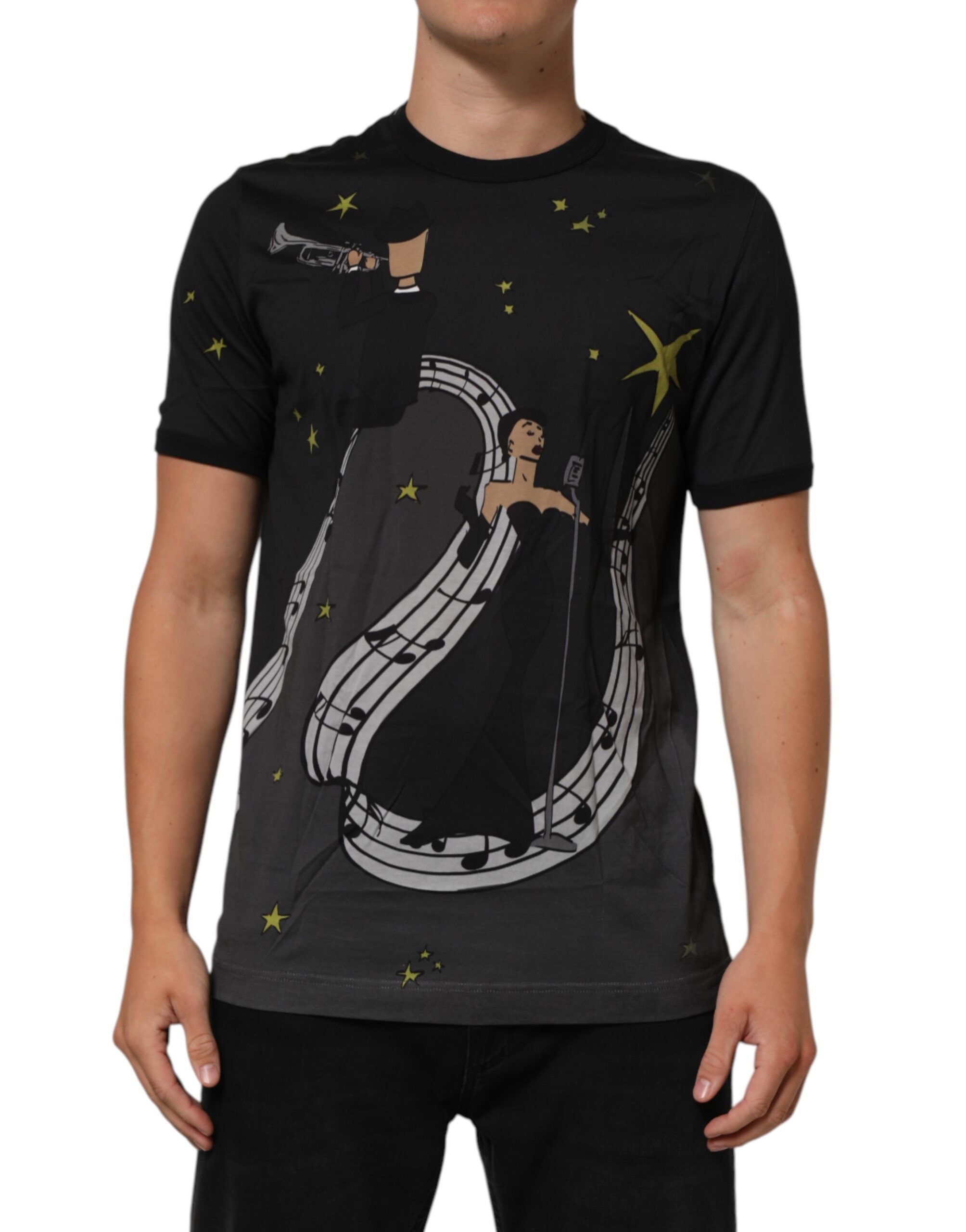 Dolce & Gabbana Schwarzes T-Shirt mit Rundhalsausschnitt aus Baumwolle mit Musical-Druck