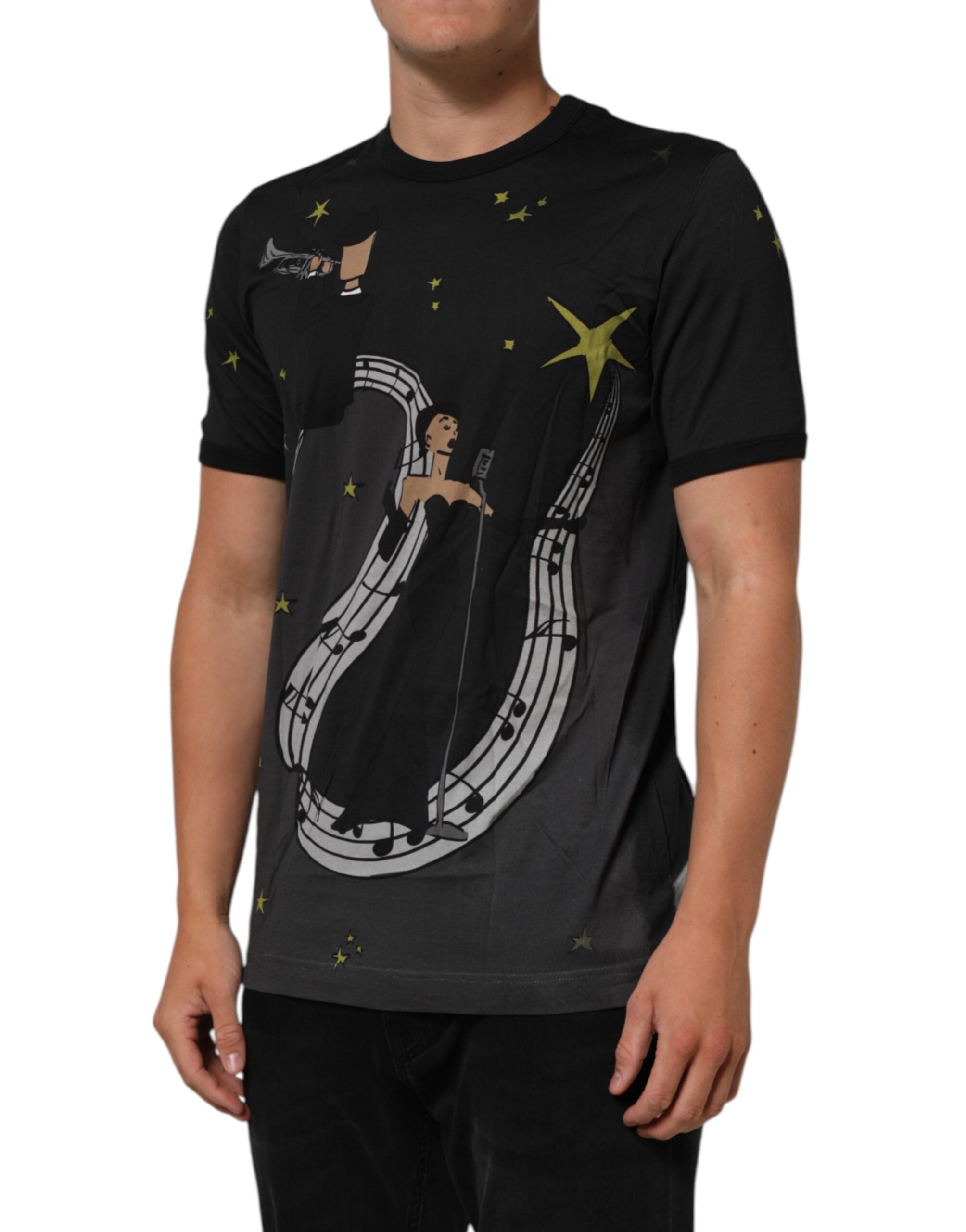 Dolce & Gabbana Schwarzes T-Shirt mit Rundhalsausschnitt aus Baumwolle mit Musical-Druck