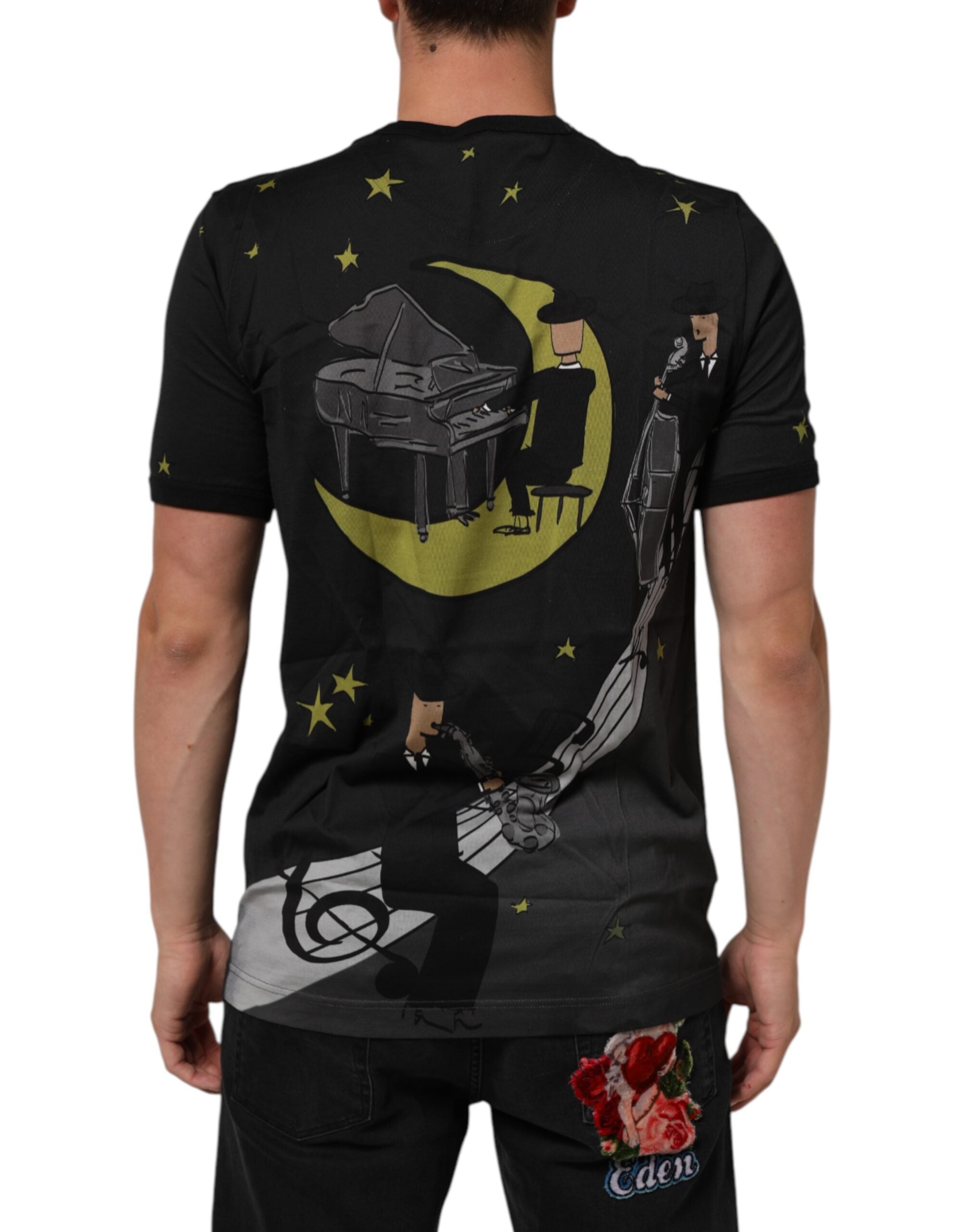 Dolce & Gabbana Schwarzes T-Shirt mit Rundhalsausschnitt aus Baumwolle mit Musical-Druck