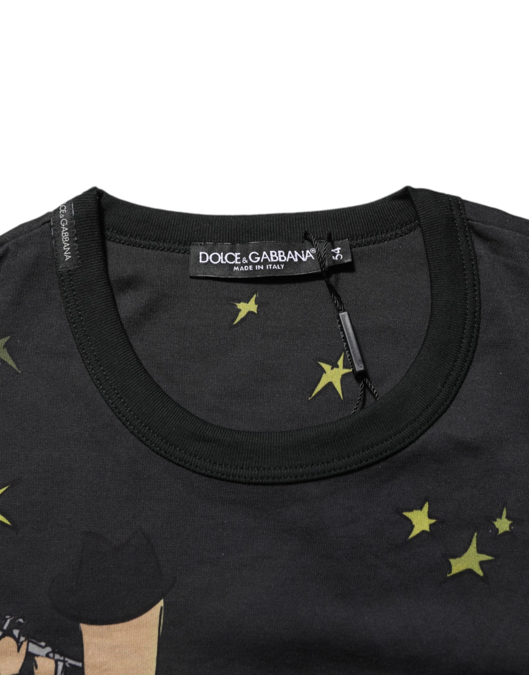 Dolce & Gabbana Schwarzes T-Shirt mit Rundhalsausschnitt aus Baumwolle mit Musical-Druck
