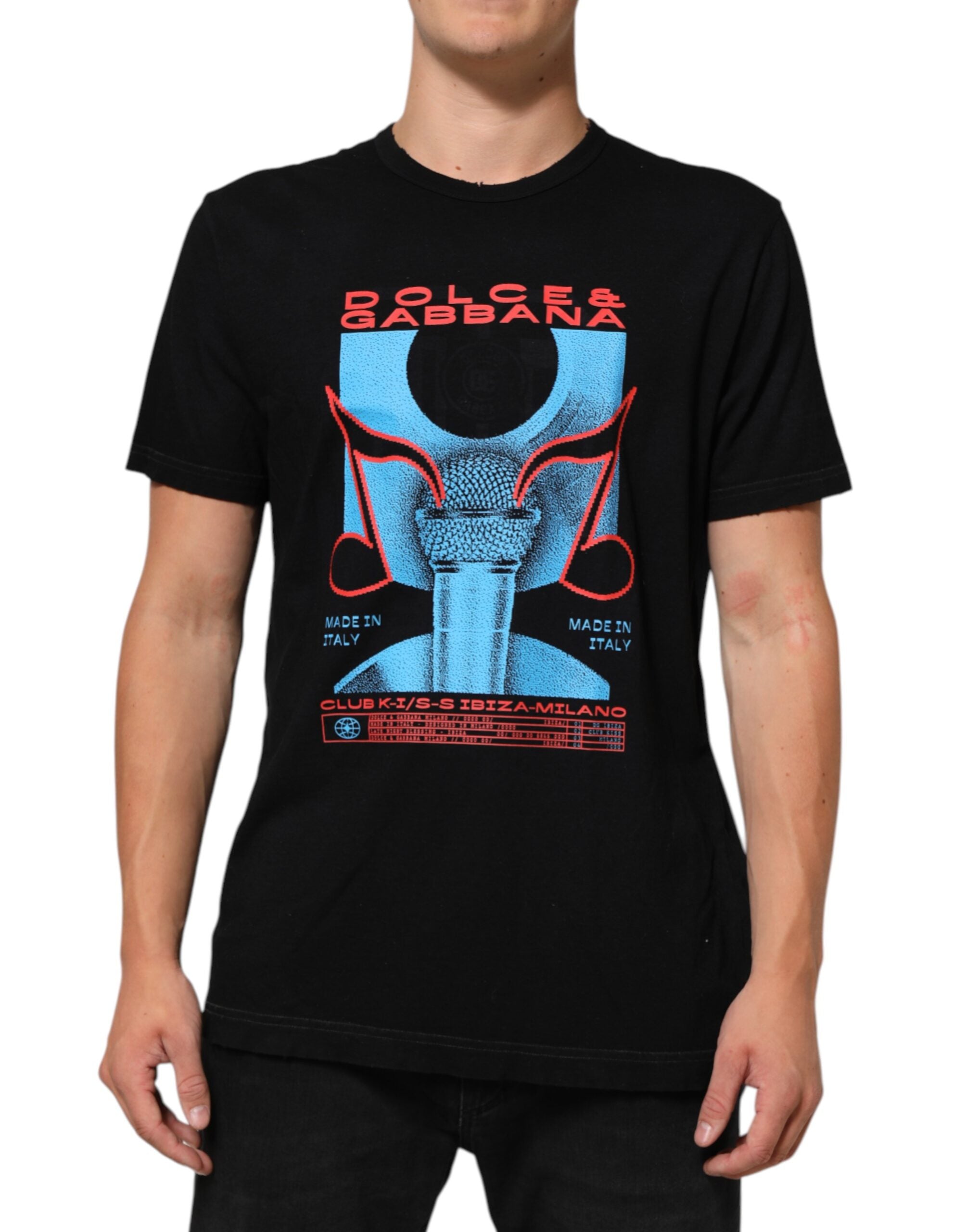 Dolce & Gabbana Schwarzes T-Shirt mit Rundhalsausschnitt aus Baumwolle mit Musical-Druck