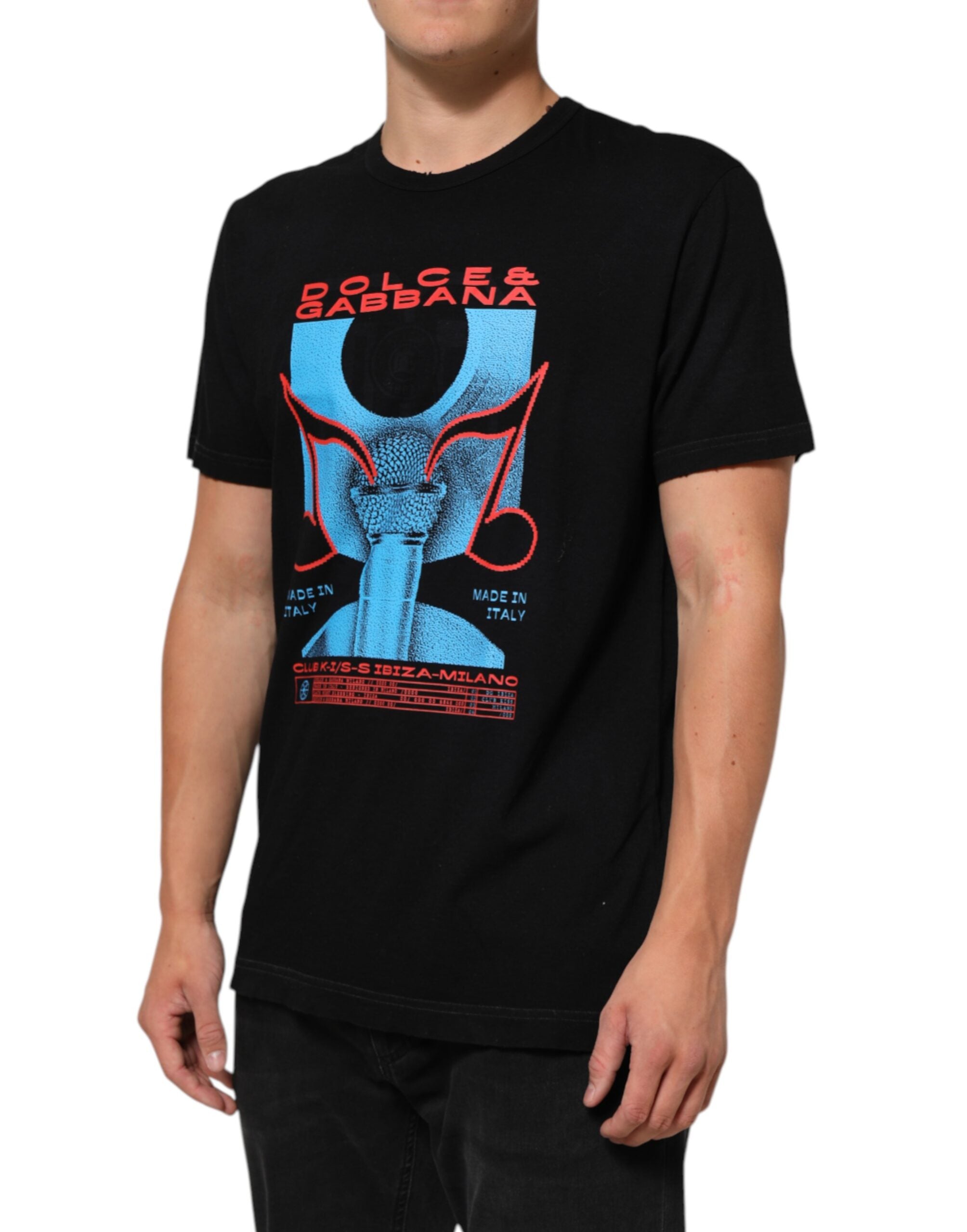 Dolce & Gabbana Schwarzes T-Shirt mit Rundhalsausschnitt aus Baumwolle mit Musical-Druck