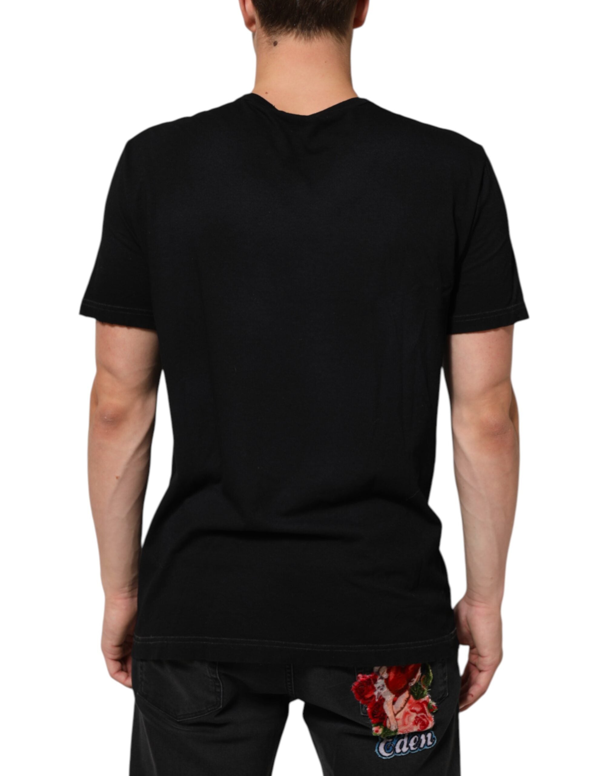 Dolce & Gabbana Schwarzes T-Shirt mit Rundhalsausschnitt aus Baumwolle mit Musical-Druck