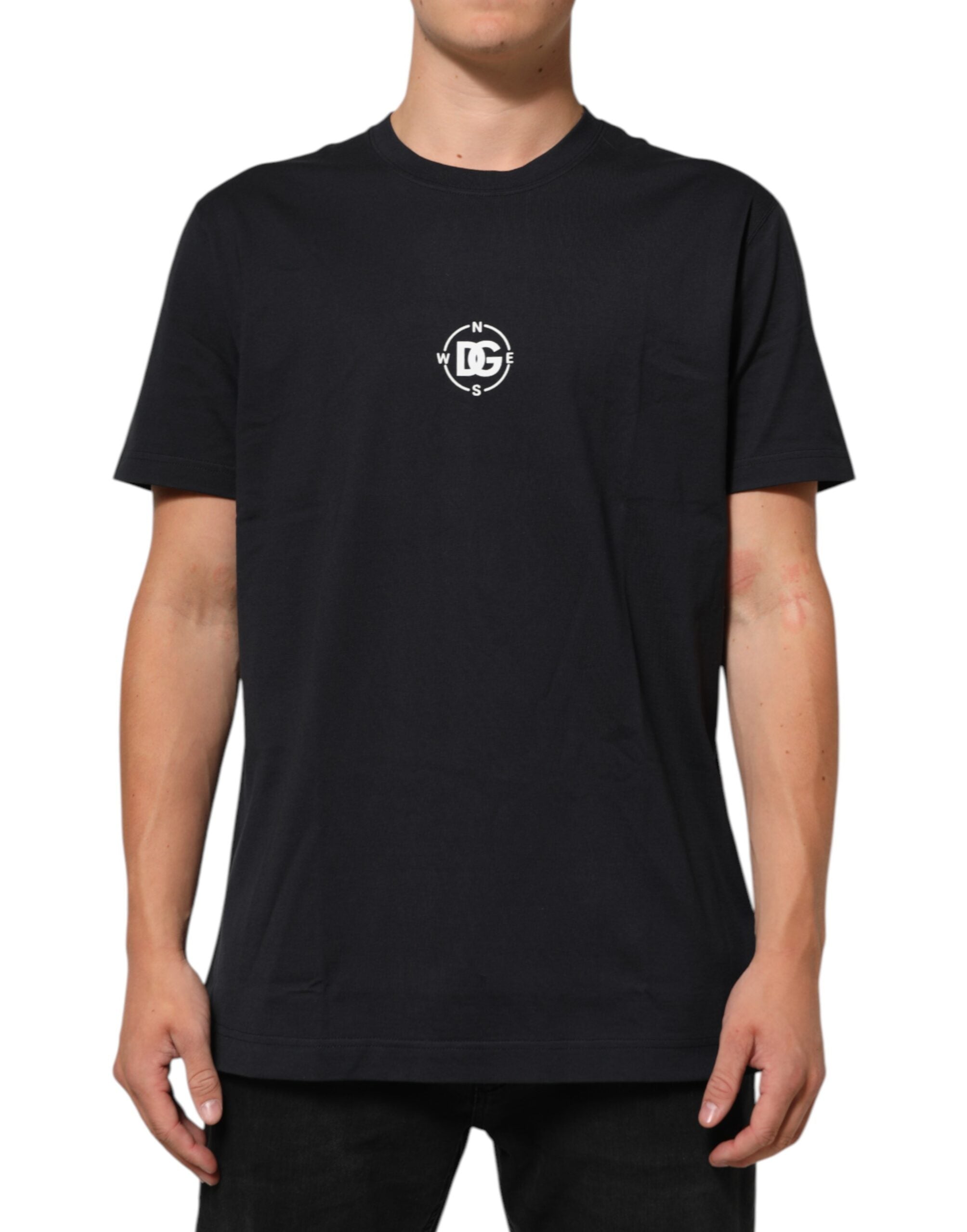 Dolce & Gabbana Schwarzes Logo Kompass Baumwoll-T-Shirt mit Rundhalsausschnitt