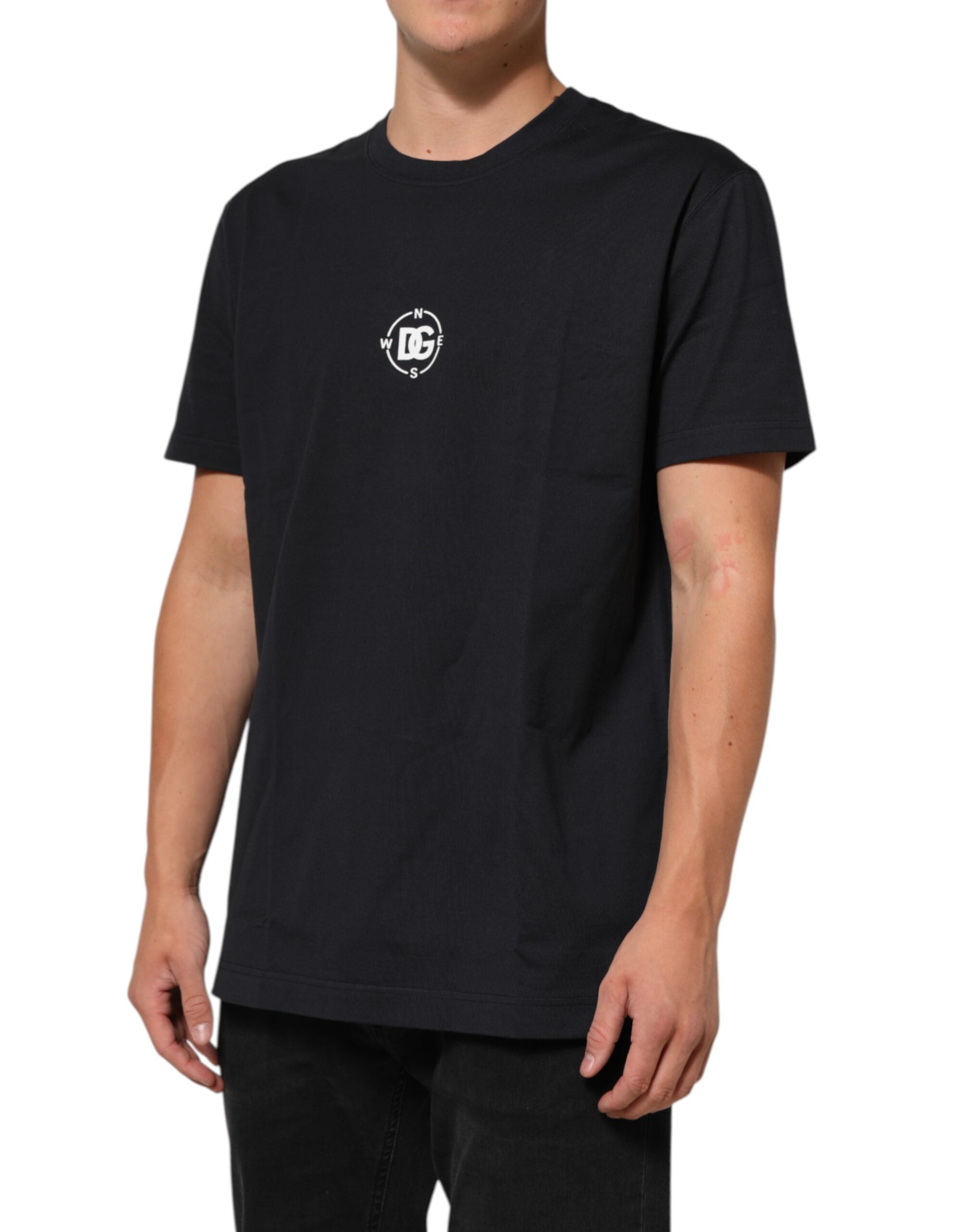 Dolce & Gabbana Schwarzes Logo Kompass Baumwoll-T-Shirt mit Rundhalsausschnitt