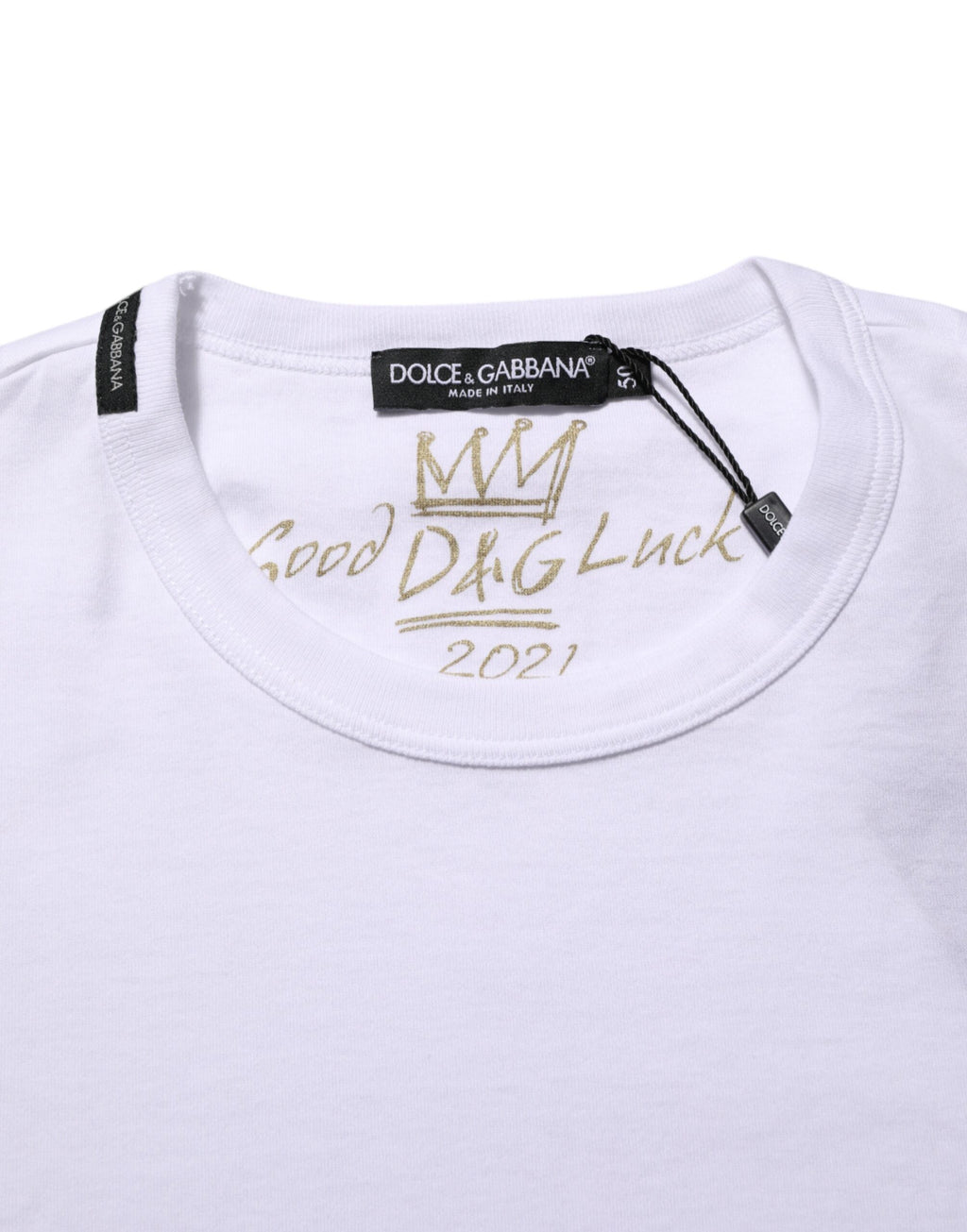 Dolce & Gabbana Weißes Goodluck 2021 Baumwoll-T-Shirt mit Rundhalsausschnitt