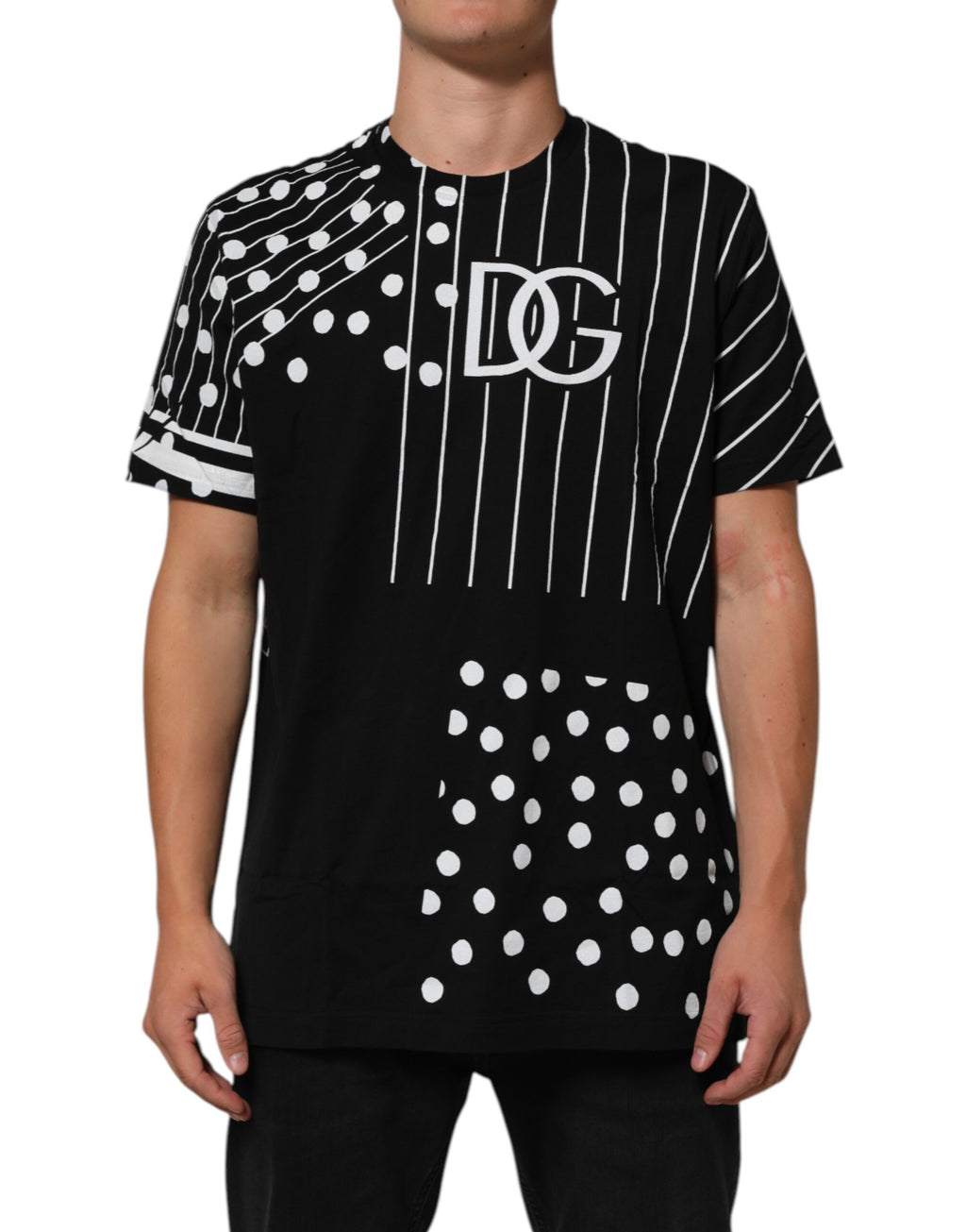 Dolce & Gabbana Schwarzes Baumwoll-T-Shirt mit Rundhalsausschnitt und Polka-Dots