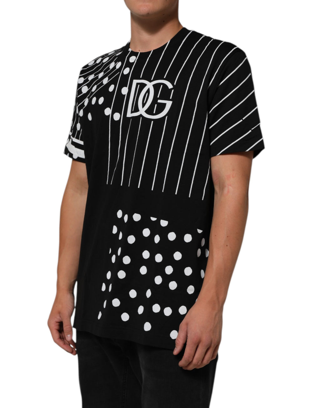 Dolce & Gabbana Schwarzes Baumwoll-T-Shirt mit Rundhalsausschnitt und Polka-Dots
