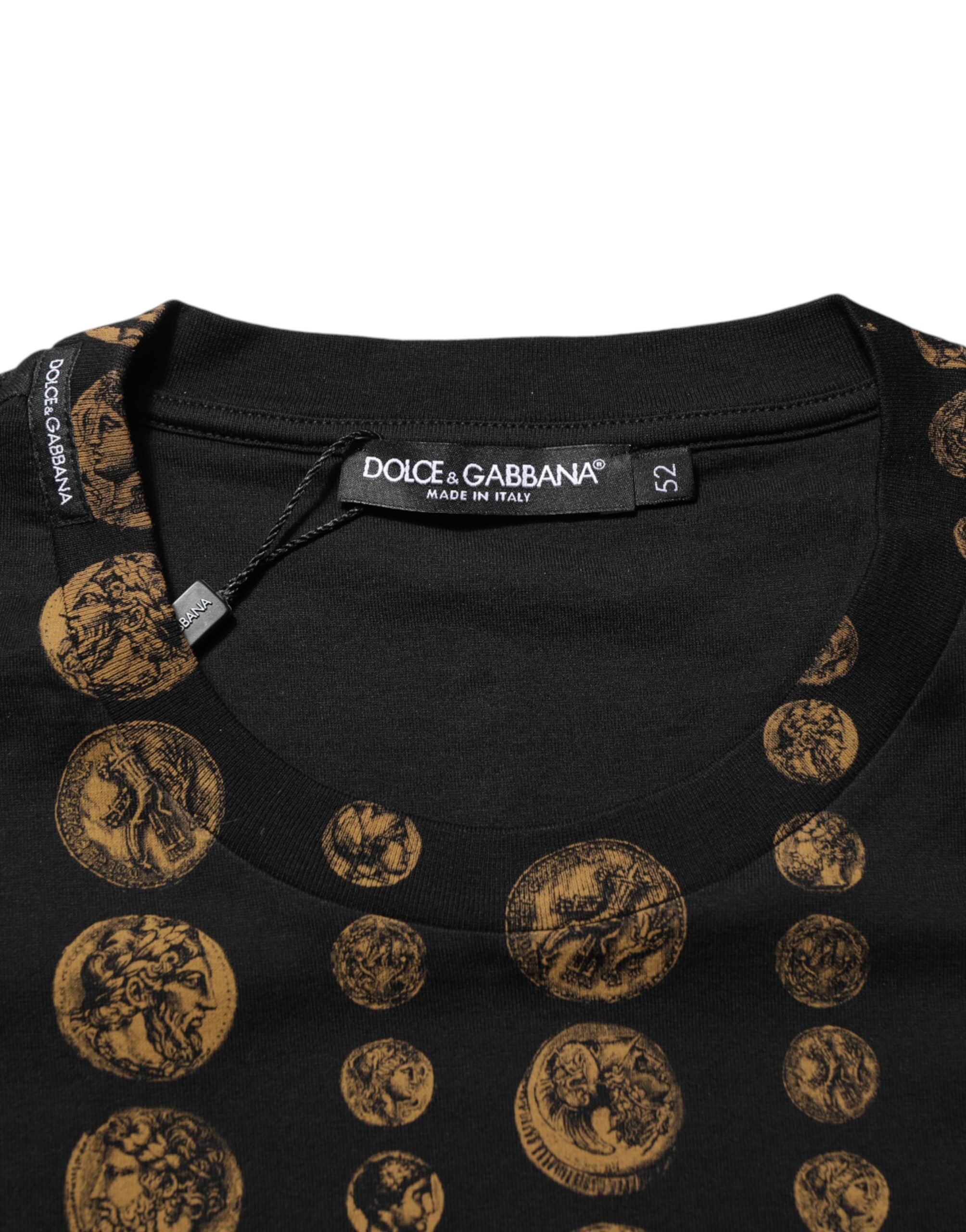 Dolce & Gabbana Schwarzes Baumwoll-T-Shirt mit Rundhalsausschnitt und Münzdruck