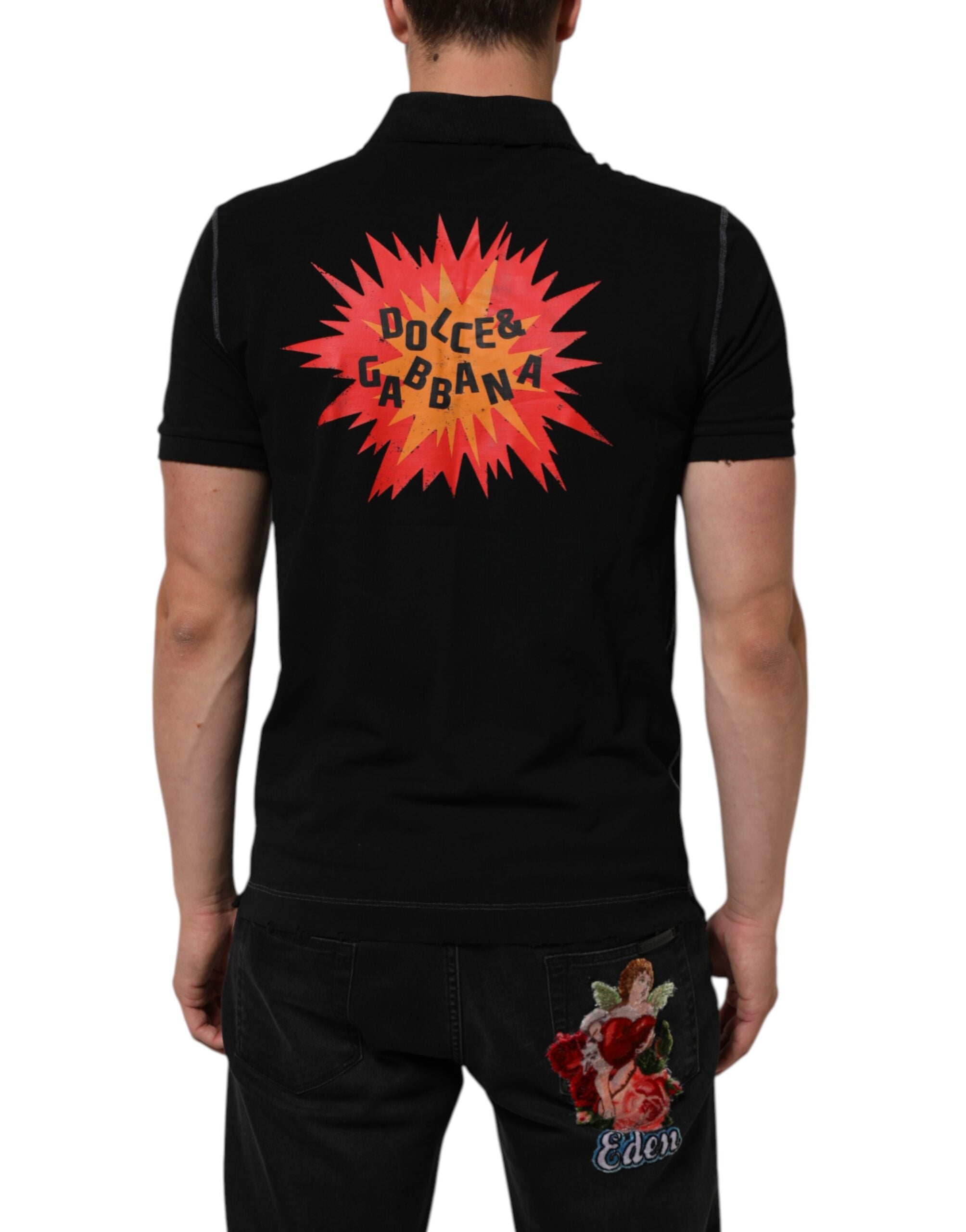 Dolce & Gabbana Schwarzes Baumwoll-Poloshirt mit Grafikdruck T-shirt